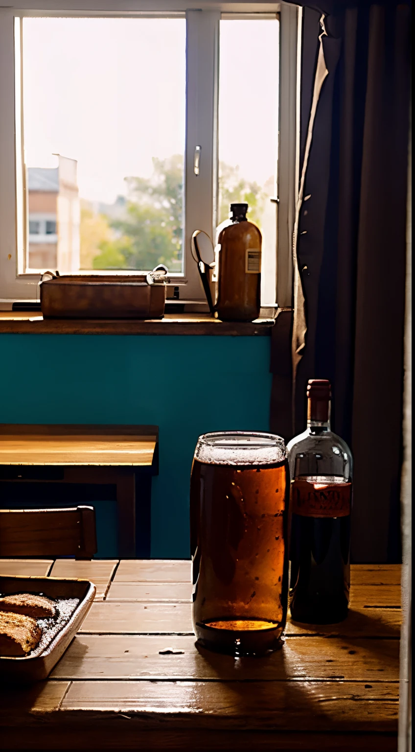 There was a bottle of red wine on the table、Biscuits and bread, A family portrait, Window lighting , brightened light, Background curtains, Still life impasto painting , Bright background, The sun good