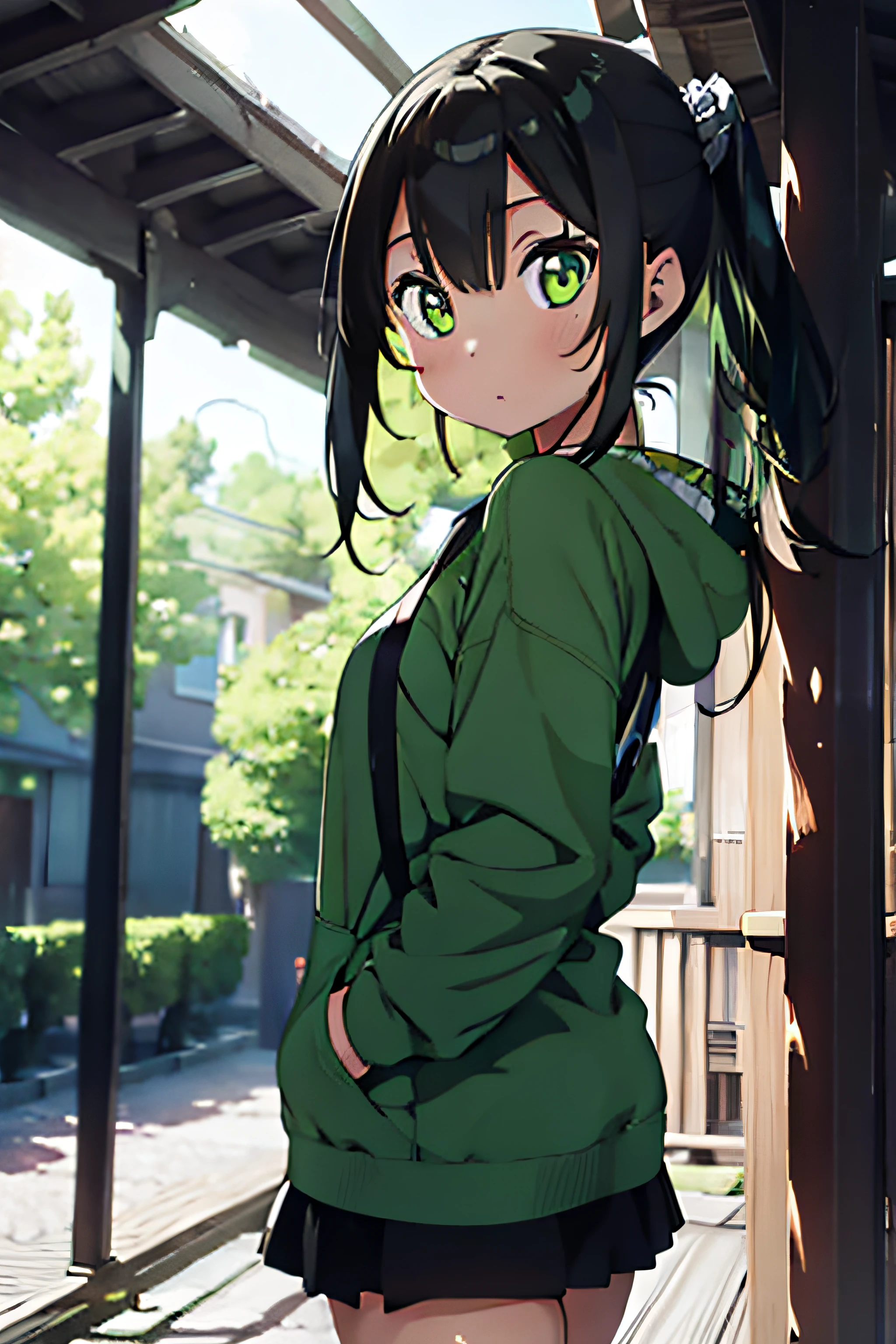 (1girl), bottomless, anime style, polished and powerful look, exotic, girl design, mara, portrait, giesha, anime image, with yellow green side tail long hair, showing shoulder, black and green punk hoodie, low angle, wide angle lens f/2.8, ultra insane high resolution intricate textures, texture indentation, perfect perspective, perfect geometry, ultra insane ambient lighting, ultra insane ambient shadows, luminism, tessellation, maximalism, perfectionism, IPA Award wining masterpiece,