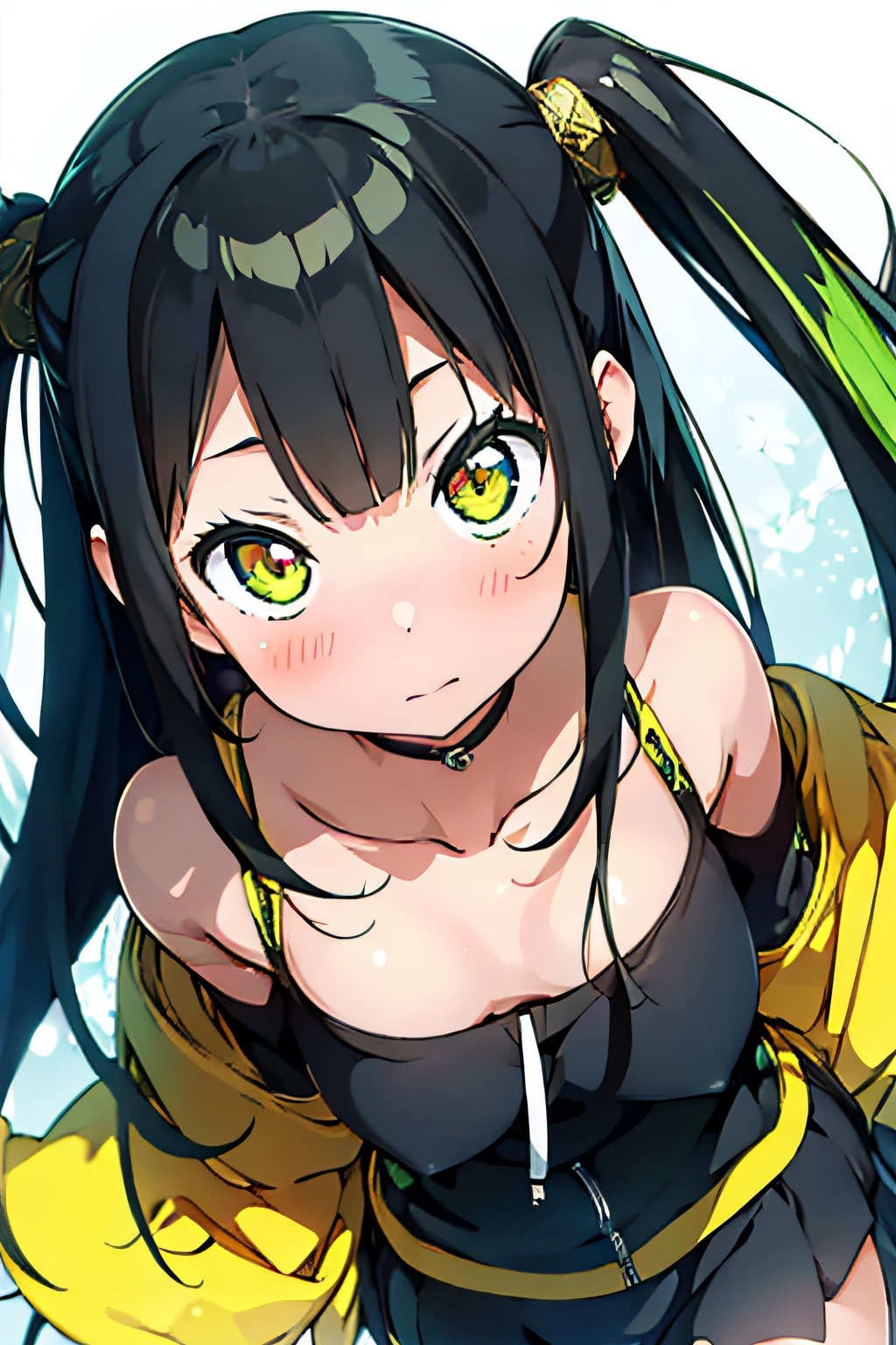 (1girl), bottomless, anime style, polished and powerful look, exotic, girl design, mara, portrait, giesha, anime image, with yellow green side tail long hair, showing shoulder, black and green punk hoodie, low angle, wide angle lens f/2.8, ultra insane high resolution intricate textures, texture indentation, perfect perspective, perfect geometry, ultra insane ambient lighting, ultra insane ambient shadows, luminism, tessellation, maximalism, perfectionism, IPA Award wining masterpiece, character design