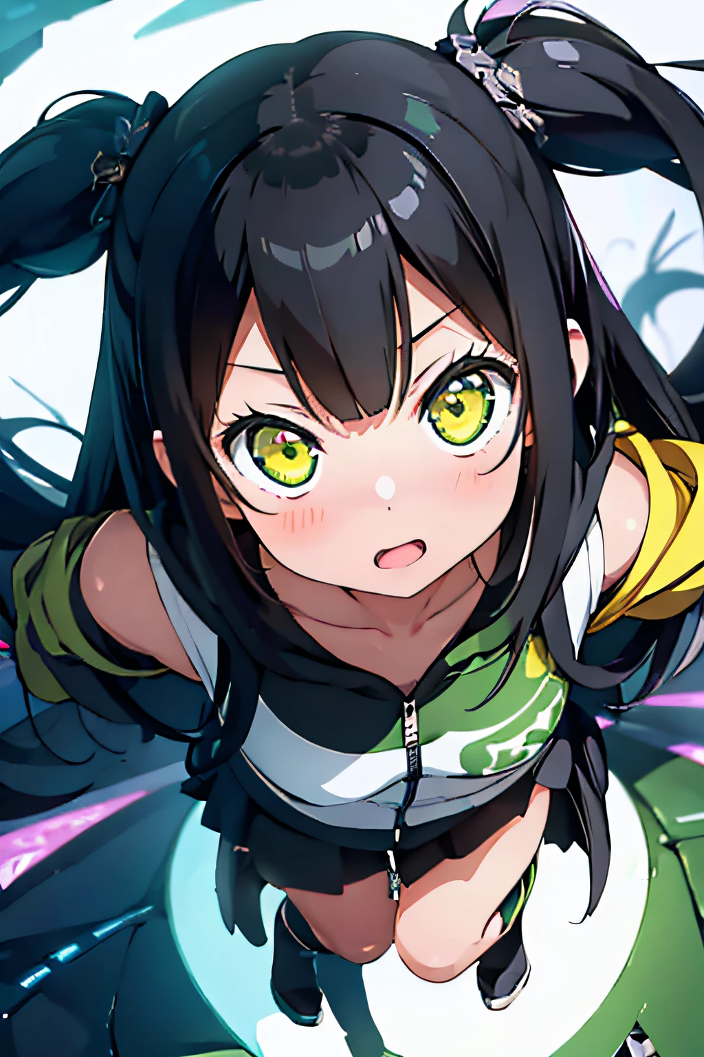 (1girl), bottomless, anime style, polished and powerful look, exotic, girl design, mara, portrait, giesha, anime image, with yellow green side tail long hair, showing shoulder, black and green punk hoodie, low angle, wide angle lens f/2.8, ultra insane high resolution intricate textures, texture indentation, perfect perspective, perfect geometry, ultra insane ambient lighting, ultra insane ambient shadows, luminism, tessellation, maximalism, perfectionism, IPA Award wining masterpiece, full body