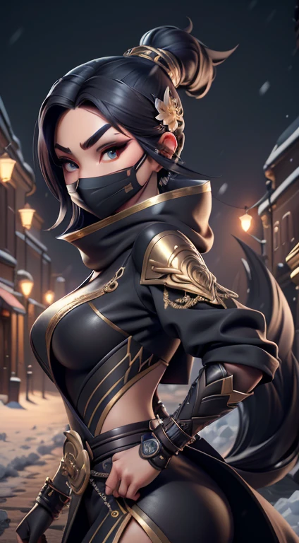 8k wallpaper of a mysterious beautiful masked kunoichi ninja wearing eyeliner and gold jewelry in the streets of a dark snowy town in russia, by artgerm, intricate detail, trending on artstation, 8k, fluid motion, stunning shading, by wlop