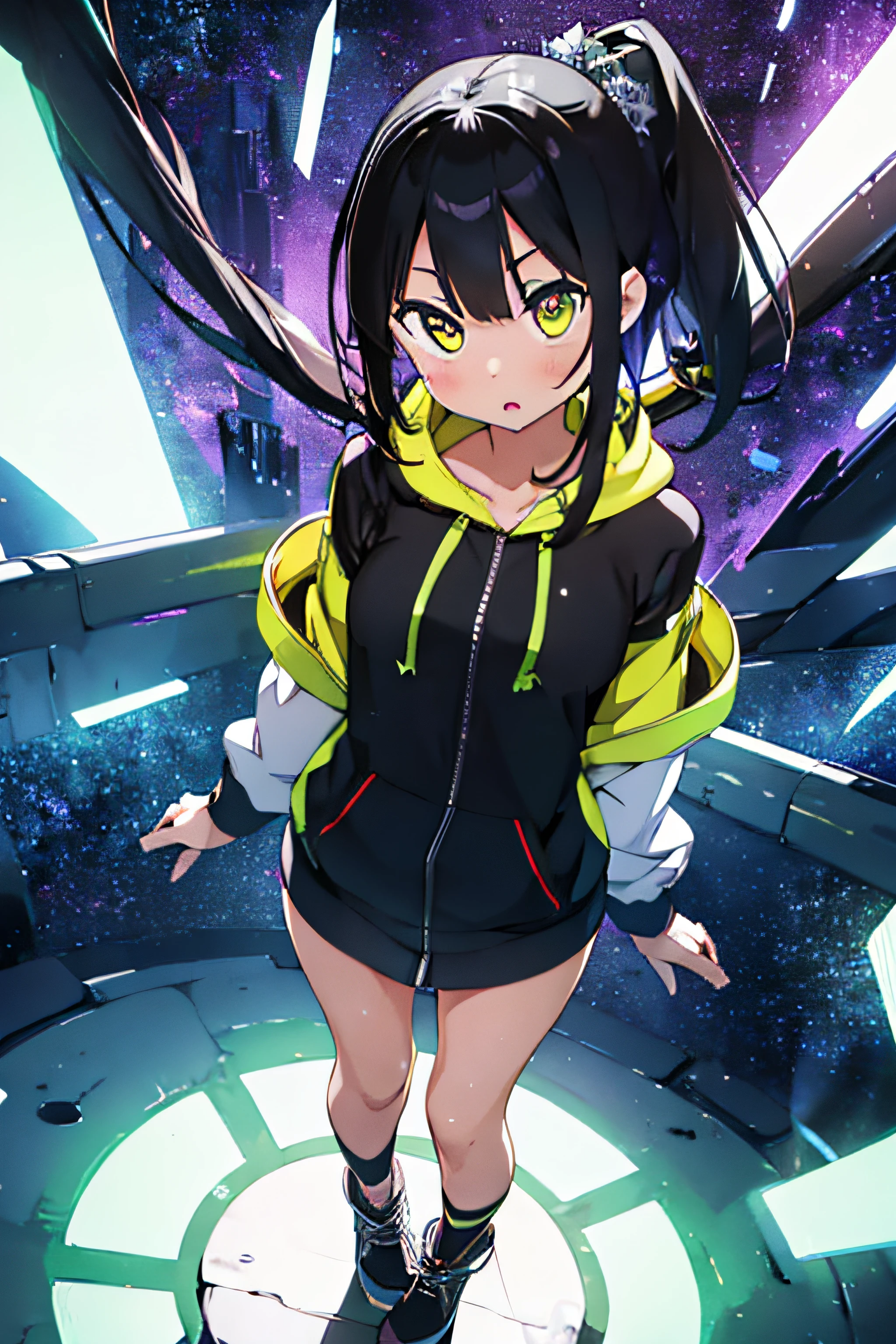 (1girl), bottomless, anime style, polished and powerful look, exotic, girl design, mara, portrait, giesha, anime image, with yellow green side tail long hair, showing shoulder, black and green punk hoodie, low angle, wide angle lens f/2.8, ultra insane high resolution intricate textures, texture indentation, perfect perspective, perfect geometry, ultra insane ambient lighting, ultra insane ambient shadows, luminism, tessellation, maximalism, perfectionism, IPA Award wining masterpiece, full body