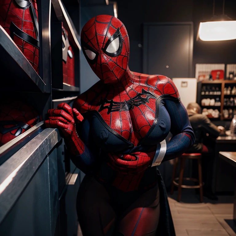 Masked Spiderman with big breasts grabs his big ass by the chest