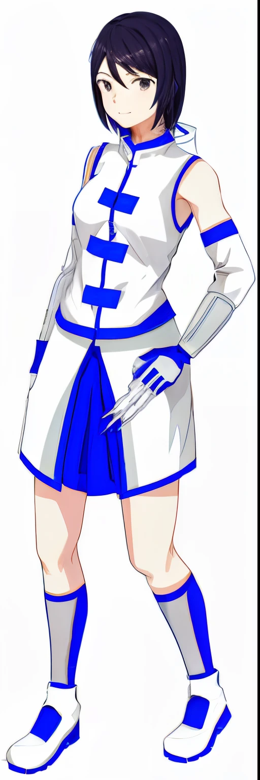 Nime girl in a blue and white uniform standing with her hands with claw