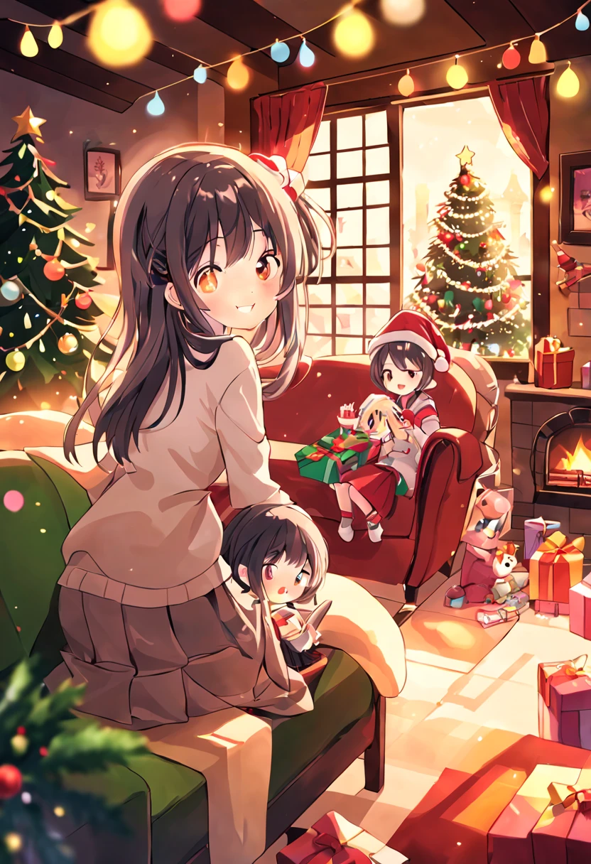 holding an ornament, A cute girl is decorating a Christmas tree in her living room. She is wearing a white sweater and a brown skirt, She is smiling happily as she hangs ornaments and lights on the tree. The living room is cozy and warm, with a fireplace, a sofa, and a window. There are some presents under the tree, wrapped in colorful paper. The girl is looking forward to celebrating Christmas with her family.,
black long hair, smile, fun,
high-resolution, ultra-detailed, best quality,