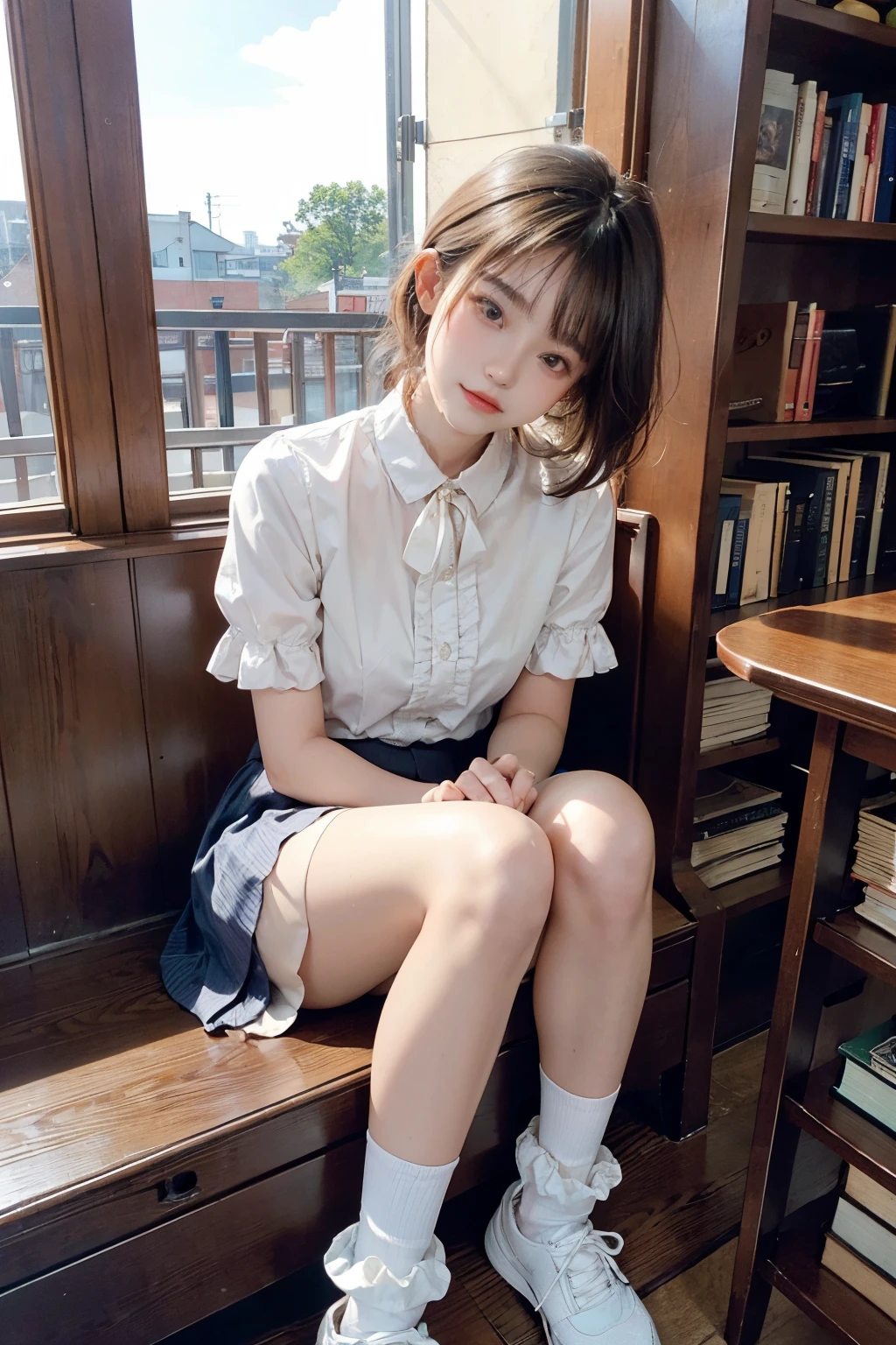 (hi-top fade:1.3)、Subdued Color、(natural skin textures、Hyper-Realism、Soft light、Soft Diffuse Lighting)、1人の女性、(White blouse with ruffles、Blue skirt with ruffles、Wear white ankle socks、(Silk white ankle-length socks and black pumps), wavy gray-brown hair adorned with ribbons、((Getting down on one knee to pick up a book that fell on the floor in front of the bookshelf))、Peaceful atmosphere in the library、Library shelves full of books