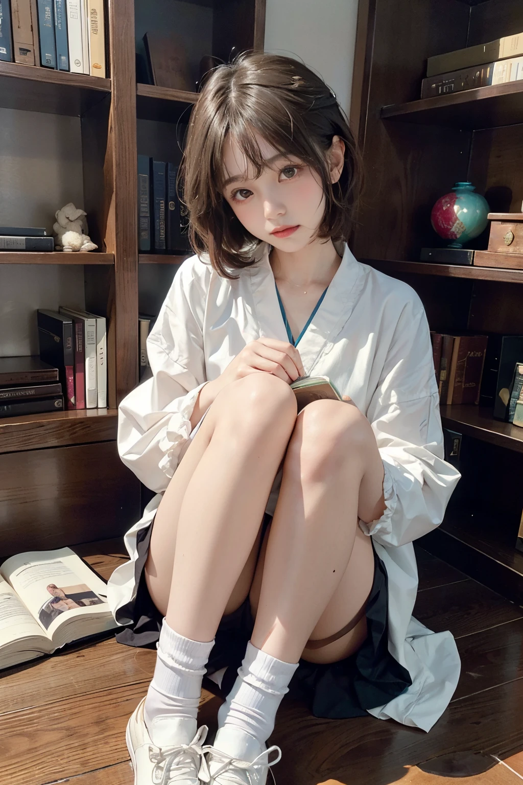 30 year old woman with、(High top fade in and out:1.3)、hairlength、Dark theme、Soothing tone、pastelcolor、hight contrast、(Natural skin texture、hyper realisitc、softlighting、Sharp)、Capturing the serene beauty of a young woman immersed in the peaceful atmosphere of a library。Soft diffused lighting gently illuminates her features、Emphasize her delicate expression、Create a quiet atmosphere。The shelves of the library are full of books、Provide background on knowledge and wisdom。Focus on capturing the model's natural charm and elegance,Encapsulating the essence of moments of calm and reflection。Cute 21 year old Japanese gravure model with soft, gray brown wavy hair,Decorated with ribbons、You will be fascinated by the charming appearance。(Ruffled white shirt ruffled skirt、I'm wearing frilly white ankle socks。Stand in front of the bookshelf、Exudes a melancholic charm)、Create a scene where beauty and ephemerality are intertwined。