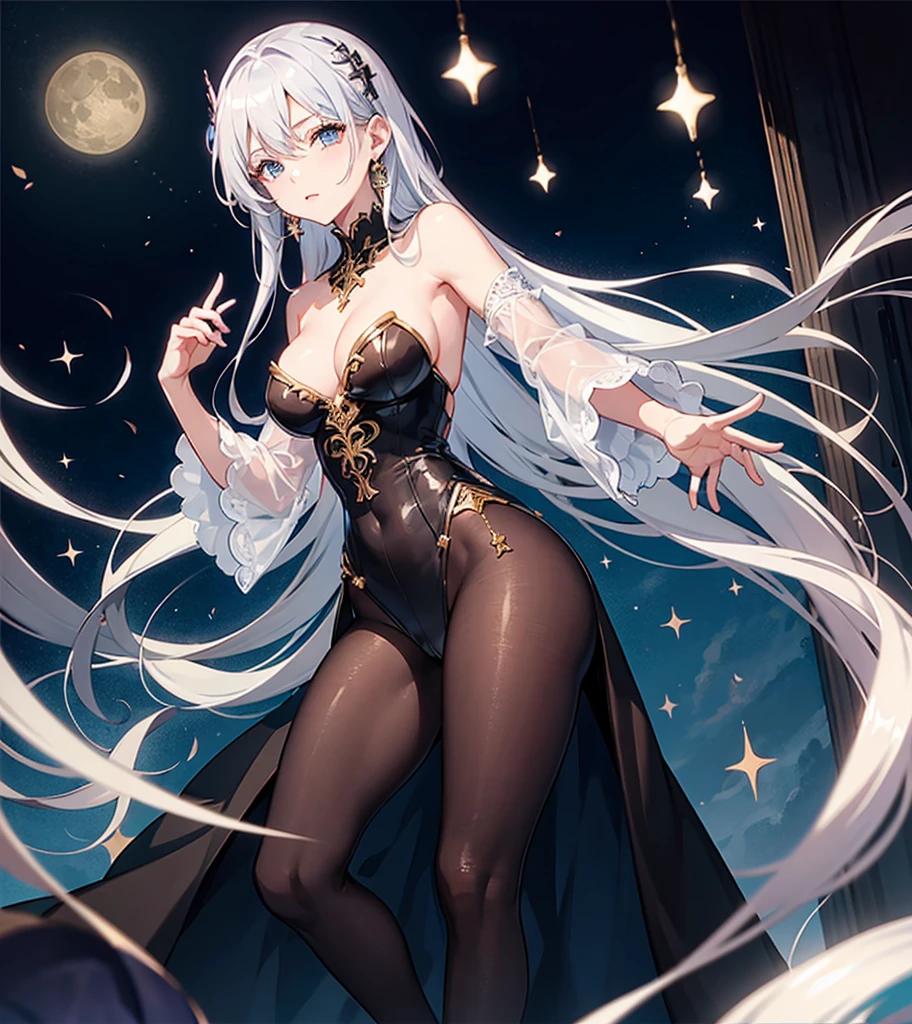phantom、Fantastic background、Hold your right hand forward、Pretty Woman、Gojo Gojo、Silvery hair、turn in with your right hand、point your right hand toward the opponent、cross earrings、cross images、Cross background、Silvery hair、Beautiful woman、Black dress、Blue eyes、Hold out your right hand、Look at viewers、realisitic、Best image、pipe organ background、Gorgeous hairstyle、