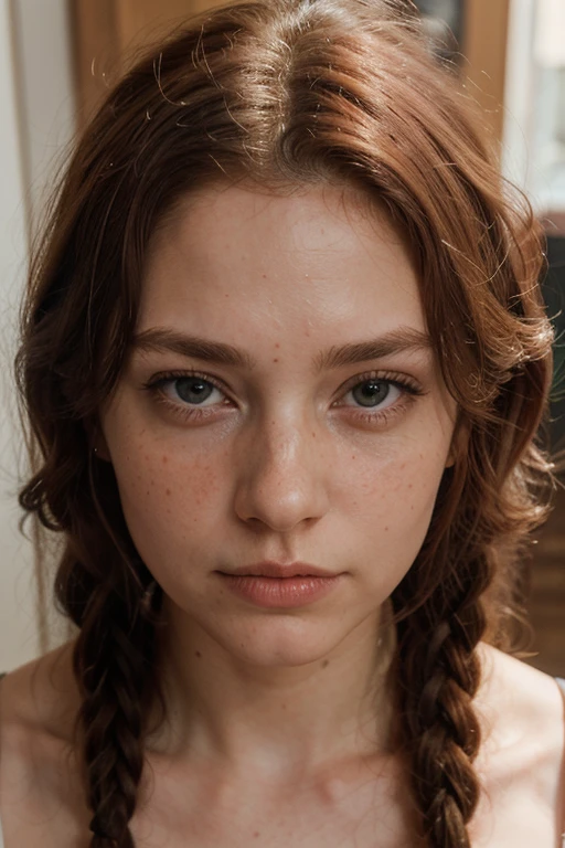 ((best quality)), ((masterpiece)), (detailed), hyper realistic intensive red-haired woman with intense red hair, one thin braid falls over her face, eyes in different color, turned half right and looks at you, in a stile of Dali, has freckles, impressive, breathtaking beauty, Volumetric light, auras, rays, vivid colors reflects,