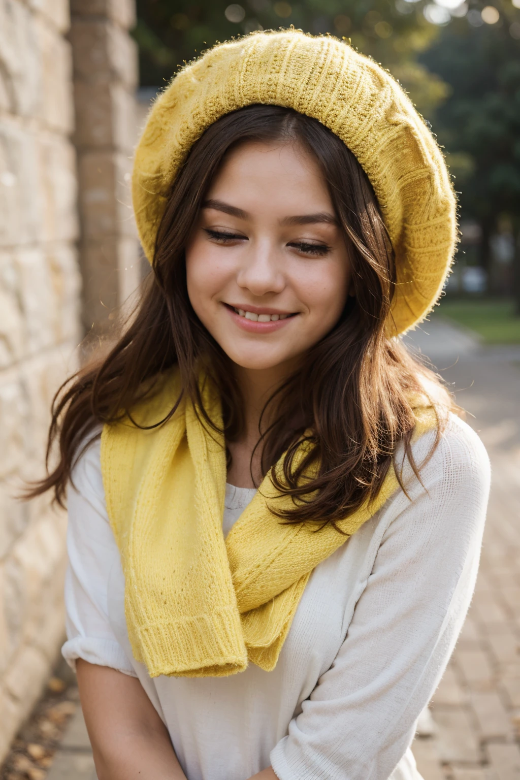 Child girl wearing a yellow hat and scarf and smiling, with yellow cloths, yellow clothes, sleepy, cute young girl, a huge beret, warm and gentle smile, warm smile, yellow cap, happy girl, cute girl, more beautiful, young, hat covering eyes, girl, bright sunny weather, young teenager, knitted hat, yellow
