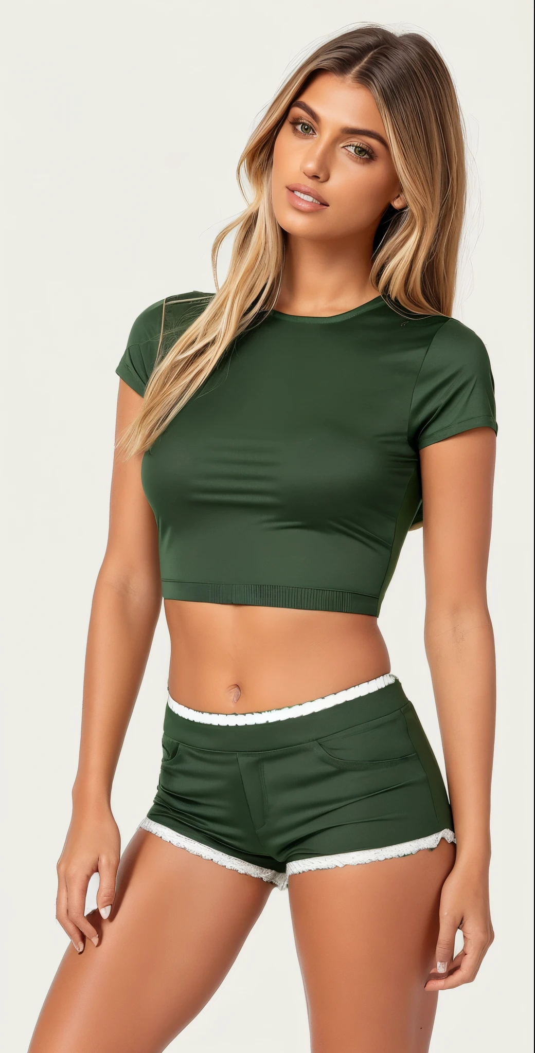 uma mulher de top verde e shorts posando para uma foto, roupas verdes, topo de corte, camisa verde, Topo de colheita, com corte rasgado t - camisa, roupas verdes casuais, verde escuro, roupas verdes, usando um top cropped, verde oliva, roupas casuais, ( ( verde escuro, verde, Topo de colheita e shorts, verde floresta, usando um top cropped