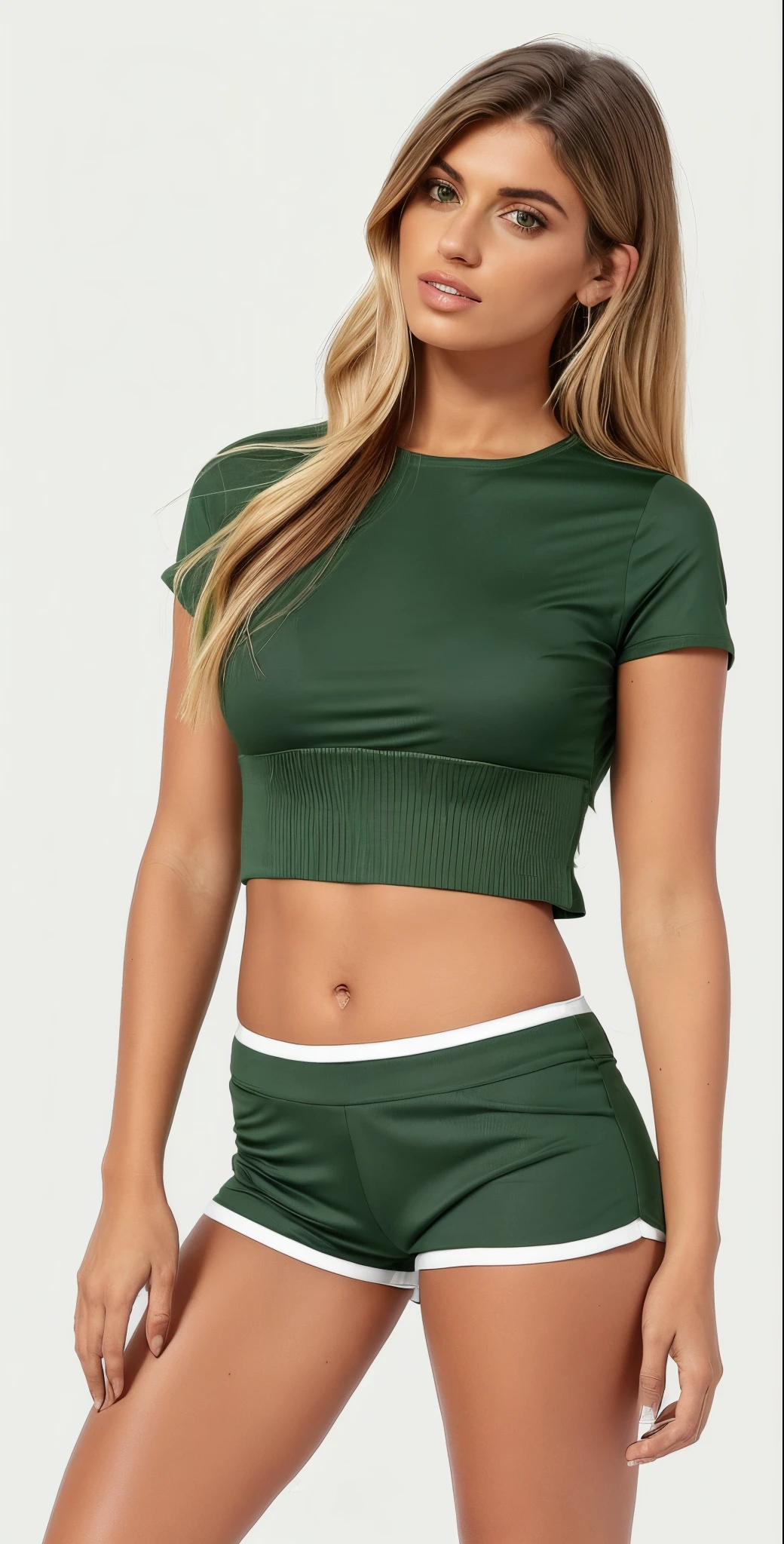 uma mulher de top verde e shorts posando para uma foto, roupas verdes, topo de corte, camisa verde, Topo de colheita, com corte rasgado t - camisa, roupas verdes casuais, verde escuro, roupas verdes, usando um top cropped, verde oliva, roupas casuais, ( ( verde escuro, verde, Topo de colheita e shorts, verde floresta, usando um top cropped