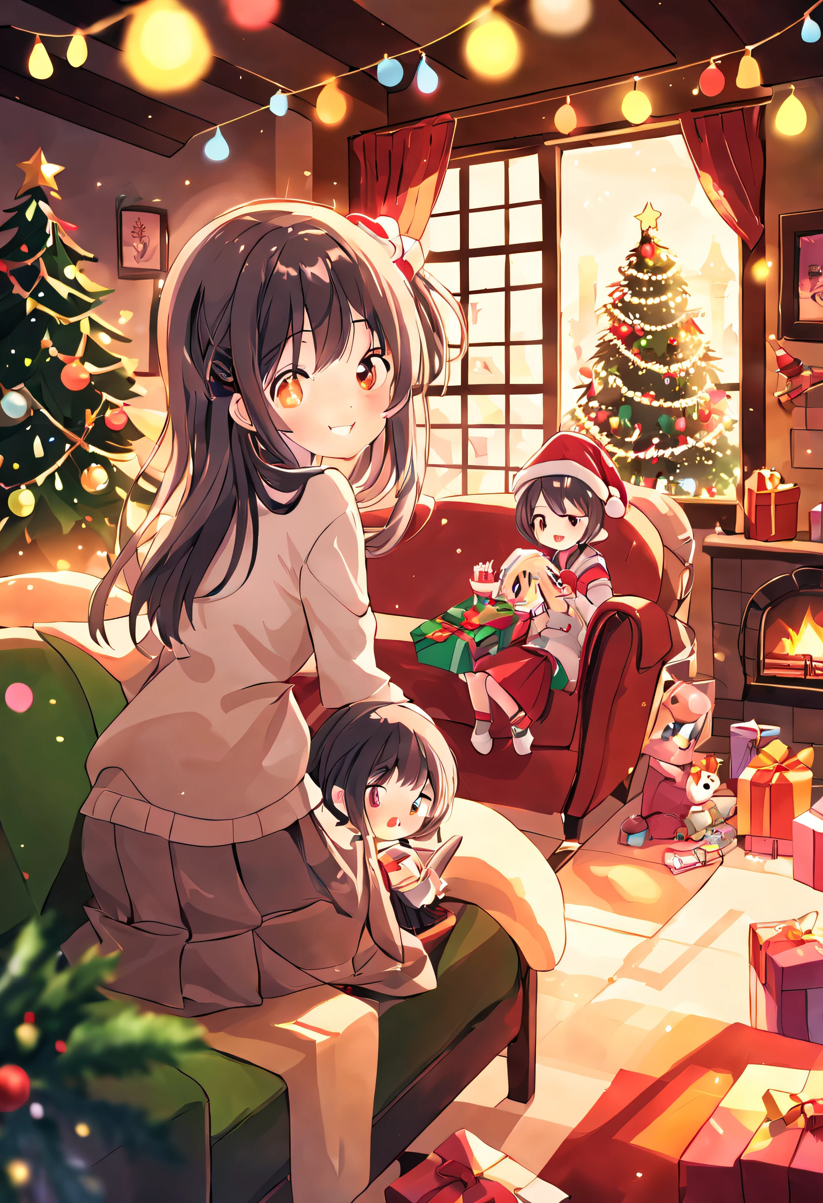 have an ornament, Cute little girl is decorating the Christmas tree in the living room。. she is wearing a white sweater and a brown skirt, She is smiling happily as she hangs ornaments and lights on the tree.. The living room is cozy and warm, With fireplace, sofas, and windows. There are presents under the tree, wrapped in colorful paper. The girl is looking forward to celebrating Christmas with her family.,
Black Long Hair, Smile, Fun,
hight resolution, Ultra-detailed, Best Quality,