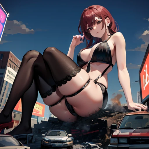 Giantess, crush, butt crush, crushing car, huge giantess, sitting on car, crushing car with butt, tall girl, flattened car, black lingerie, destruction, butt facing viewer