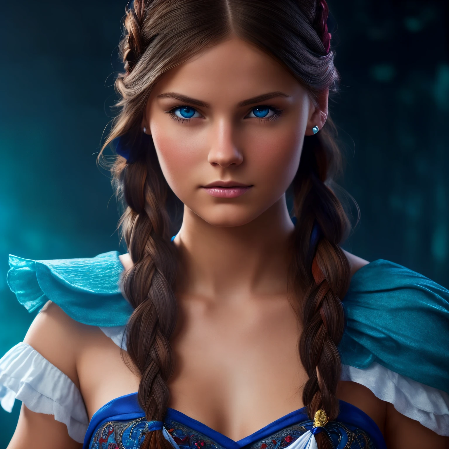 A pretty and young looking girl with straight dark hair styled in a clean braid. Her blue eyes looking focused on what she is holding.deep color, fantastical, intricate detail, splash screen, complementary colors, fantasy concept art, 8k resolution trending on Artstation Unreal Engine 5, exposed breasts