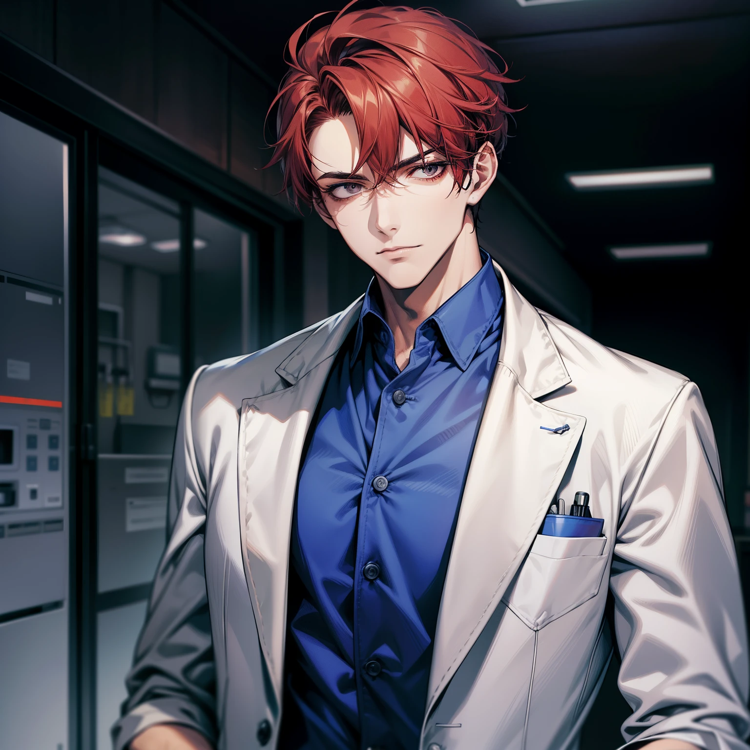 A handsome man with red short hair up and black eyes, giving a mature, gentleman, and doctor vibe, looking looking sideways Doctor attire, blue scrub suit and white coat, medical attire, doctor uniform, modern era, half body, hospital.