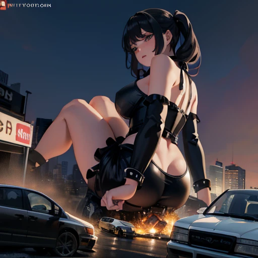 Giantess, crush, butt crush, crushing car, huge giantess, sitting on car, crushing car with butt, tall girl, flattened car, black lingerie, destruction, butt facing viewer, destroyed car