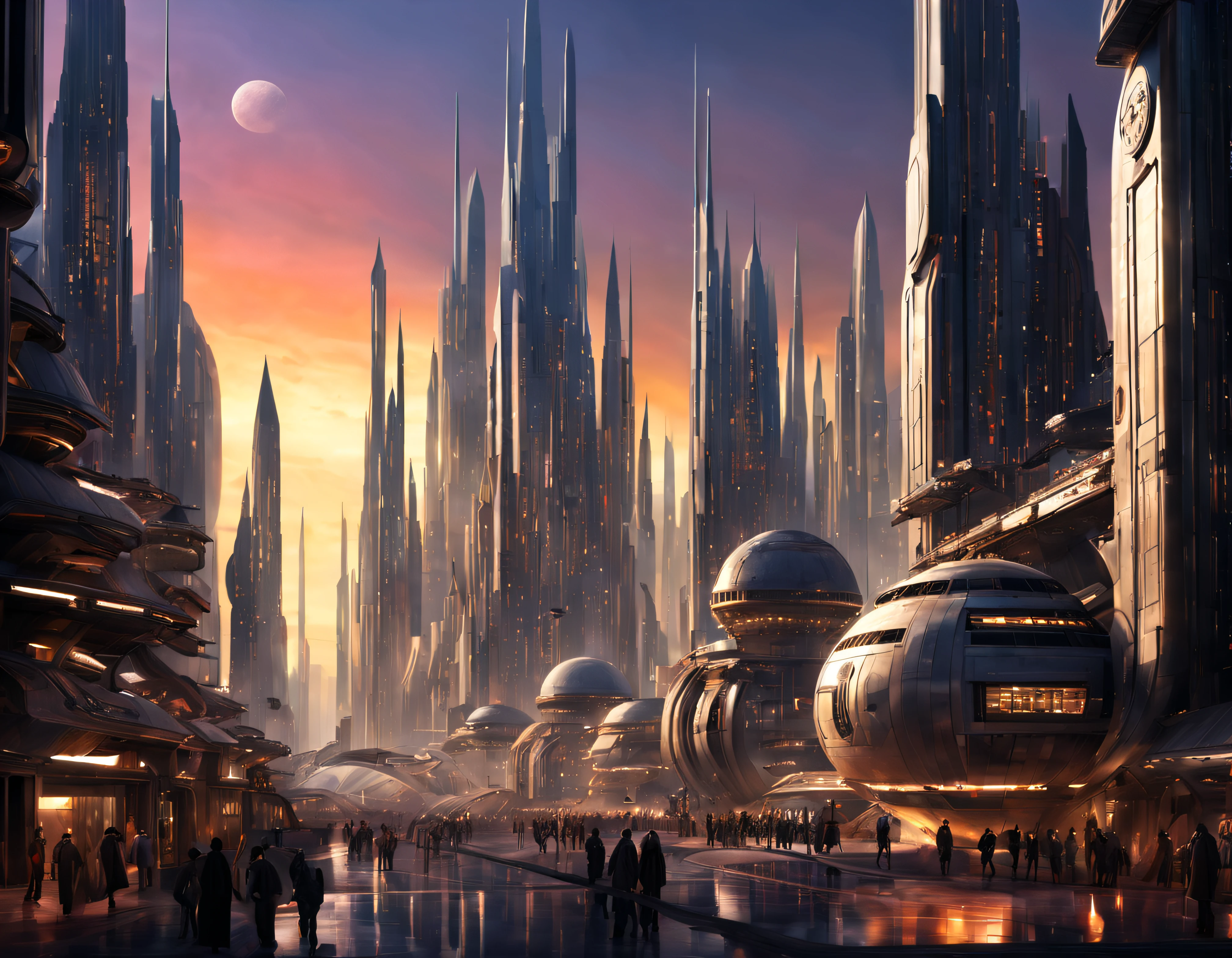 (The city of Coruscant from Star Wars as designed by Doug Chiang), futuristic fantasy city with immense buildings of technological design (que forman una avenida infinita), edificios compactor no difuminados con aspecto metalico, luces en ventanas en edificios, iluminacion diurna con sol, con estructuras acristaladas espectaculares, (con colores vivos). pavimento ensolado (sin brillo). gente paseando. imagen bien definida con muchos edificios juntos. imagen nitida bien definida 8k. los edificios llegan alta el fondo.,8k. imagen cinematografica