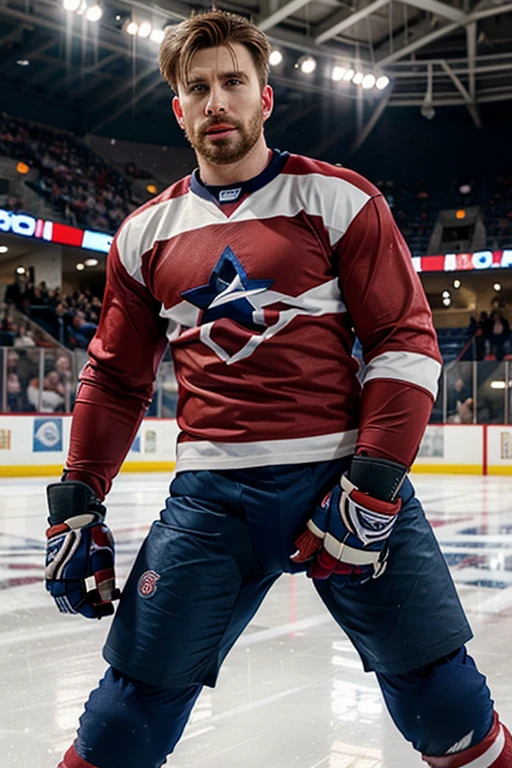 chris evans is a ice hockey player, muscular body, massive bulge, he is in an ice rink