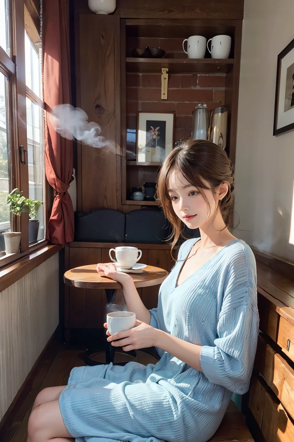 portrait, cozy atmosphere, book, natural light, warm colors, peaceful ambiance, aroma of coffee, vintage decor, wooden furniture, relaxing music, friendly barista, delicate details, beautiful dress, reading a novel, sipping coffee, enjoying the moment, soft sunlight, tranquil surroundings, gentle breeze, steaming hot beverage, comfortable seating, soothing vibes, artistic wall paintings, sunlight streaming through the window, elegant hairstyles, conversation and laughter, gentle background chatter.