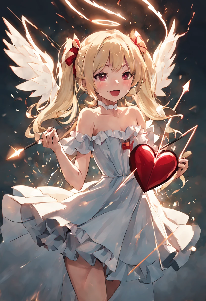 absurdres, absolutely resolution, incredibly absurdres, highres, ultra detailed, official art, unity 8k wallpaper,
BREAK
1 girl, soro, twintails, long hair, blonde hair, white dress, too many frills, bare shoulders, angel wings, smile, one eye closed, red ribbon, teeth,
BREAK
drawing bow, shining arrow, lightning arrow, heart arrow,
BREAK
fluttering-heart background, white background,