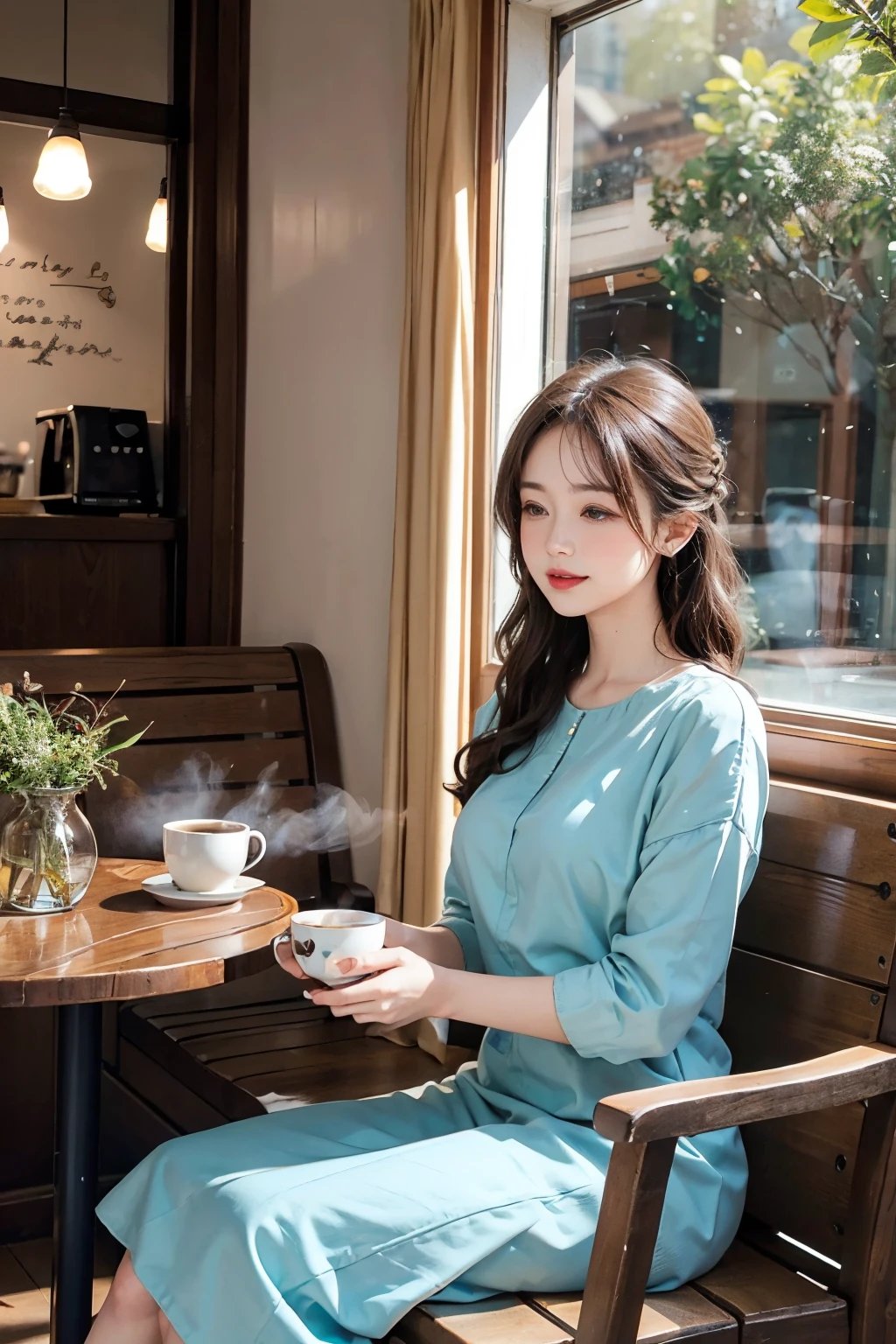 portrait, cozy atmosphere, book, natural light, warm colors, peaceful ambiance, aroma of coffee, vintage decor, wooden furniture, relaxing music, friendly barista, delicate details, beautiful dress, reading a novel, sipping coffee, enjoying the moment, soft sunlight, tranquil surroundings, gentle breeze, steaming hot beverage, comfortable seating, soothing vibes, artistic wall paintings, sunlight streaming through the window, elegant hairstyles, conversation and laughter, gentle background chatter.