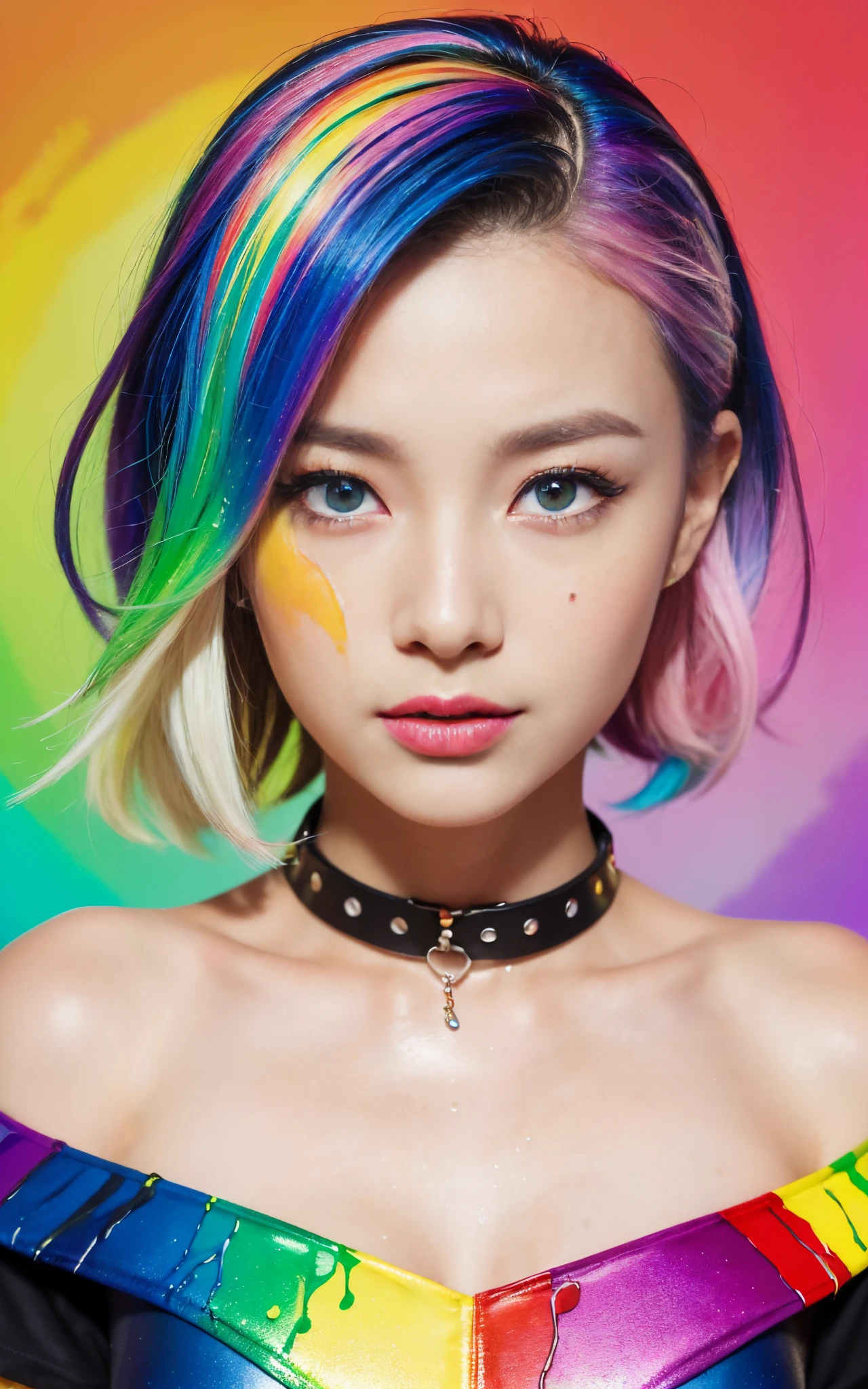 （Pink Fashion T-shirt：1.9），(Colorful hair: 1.8), (all the colours of the rainbow: 1.8),(((((vertical painting：1.6))), （painting：1.6），front, comics, illustrations, paintings, large eyes, crystal clear eyes,（ rainbow color gradient high ponytail：1.7）, exquisite makeup, closed mouth,(Small Fresh: 1.5),(Wipe Chest: 1.6) ，long eyelashes, white off shoulder T-shirt, White Shoulder Shirt，looking at the audience, large watery eyes, (rainbow colored hair：1.6), color splash, （solo：1.8）, color splash, color explosion, thick paint style, messy lines, ((shining))，(colorful), (colorful), (colorful), colorful, Thick Paint Style, (Splash) (Color Splash), Vertical Painting, Upper Body, Paint Splash, Acrylic Pigment, Gradient, Paint, Highest Image Quality, Highest Quality, Masterpiece, Solo, Depth of Field, Face Paint, colorful clothes, (Elegant: 1.2), gorgeous,long hair, wind, (Elegant: 1.3), (Petals: 1.4)，(((masterpiece))),(((best quality))),((ultra-detailed)),(illustration),(dynamic angle),((floating)),(paint),((disheveled hair)),(solo),(1girl) , (((detailed anima face))),((beautiful detailed face)),collar,bare shoulders,white hair, ((colorful hair)),((streaked hair)),beautiful detailed eyes,(Gradient color eyes),(((colorful eyes))),(((colorful background))),(((high saturation))),
