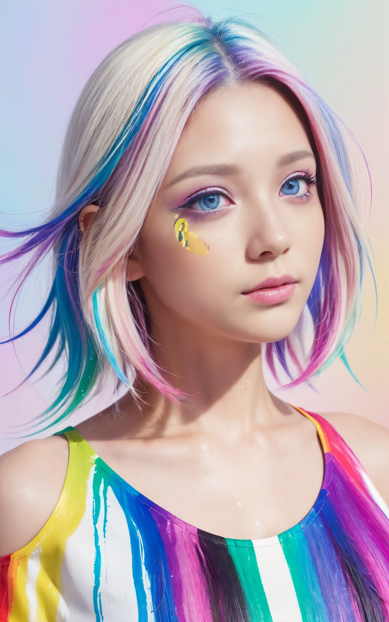 （Pink Fashion T-shirt：1.9），(Colorful hair: 1.8), (all the colours of the rainbow: 1.8),(((((vertical painting：1.6))), （painting：1.6），front, comics, illustrations, paintings, large eyes, crystal clear eyes,（ rainbow color gradient high ponytail：1.7）, exquisite makeup, closed mouth,(Small Fresh: 1.5),(Wipe Chest: 1.6) ，long eyelashes, white off shoulder T-shirt, White Shoulder Shirt，looking at the audience, large watery eyes, (rainbow colored hair：1.6), color splash, （solo：1.8）, color splash, color explosion, thick paint style, messy lines, ((shining))，(colorful), (colorful), (colorful), colorful, Thick Paint Style, (Splash) (Color Splash), Vertical Painting, Upper Body, Paint Splash, Acrylic Pigment, Gradient, Paint, Highest Image Quality, Highest Quality, Masterpiece, Solo, Depth of Field, Face Paint, colorful clothes, (Elegant: 1.2), gorgeous,long hair, wind, (Elegant: 1.3), (Petals: 1.4)，(((masterpiece))),(((best quality))),((ultra-detailed)),(illustration),(dynamic angle),((floating)),(paint),((disheveled hair)),(solo),(1girl) , (((detailed anima face))),((beautiful detailed face)),collar,bare shoulders,white hair, ((colorful hair)),((streaked hair)),beautiful detailed eyes,(Gradient color eyes),(((colorful eyes))),(((colorful background))),(((high saturation))),