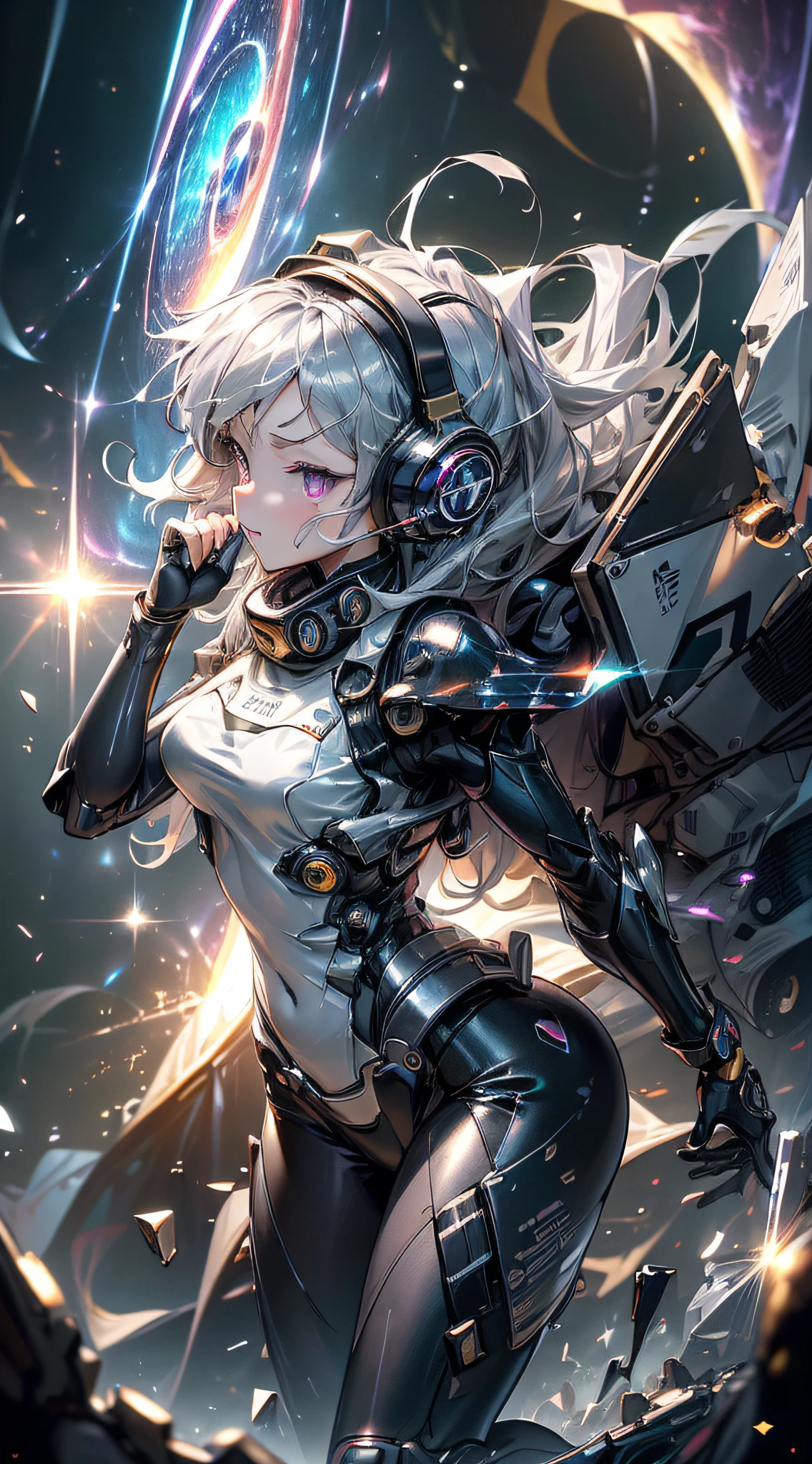 top-quality、Top image quality、masterpiece、girl with((black mecha suit、Shining gold mech suit、18year old、 Ager、cute little、Best Bust、big bast,Beautifully shining purple eyes open wide, Messy silver hair、Longhaire、A slender,big moves in volleyball,mechanic jet pack、headphone pose、running splatter、sucked into a black hole)),hiquality、Beautiful Art、Background with((Shining galaxy world Lucky hole)))、,masutepiece、depth of fields,Cinematic style