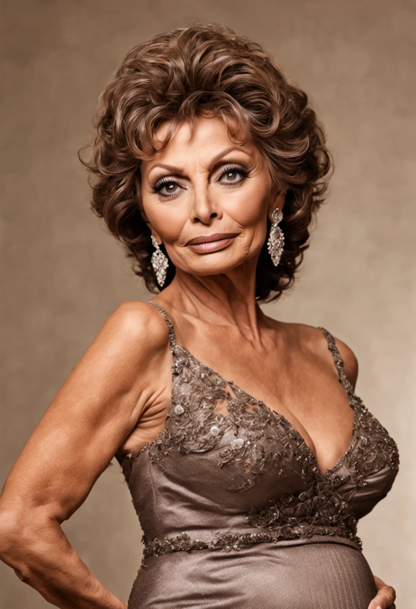 (((75-year-old woman))) ((chubby preggo)) ((Sophia Loren)) with gray hair, seductive gaze, brown eyes, some wrinkles on her face, she wearing a very sexy evening dress that reveals a small sagging breast, 8k, clear background, realistic, detailed background