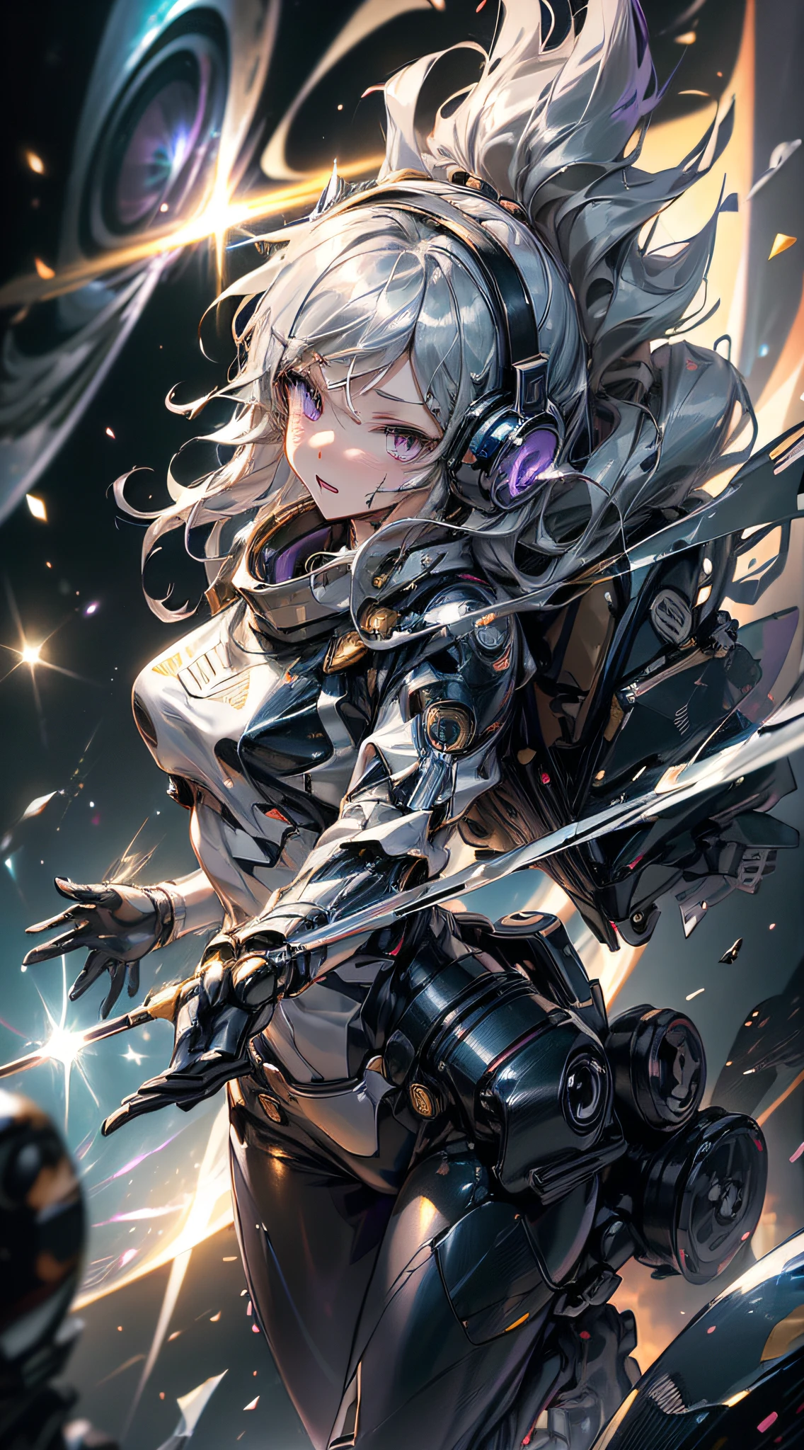 top-quality、Top image quality、masterpiece、girl with((black mecha suit、Shining gold mech suit、18year old、 Ager、cute little、Best Bust、big bast,Beautifully shining purple eyes open wide, Messy silver hair、Longhaire、A slender,big moves in volleyball,mechanic jet pack、headphone pose、running splatter、sucked into a black hole)),hiquality、Beautiful Art、Background with((Shining galaxy world Lucky hole)))、,masutepiece、depth of fields,Cinematic style