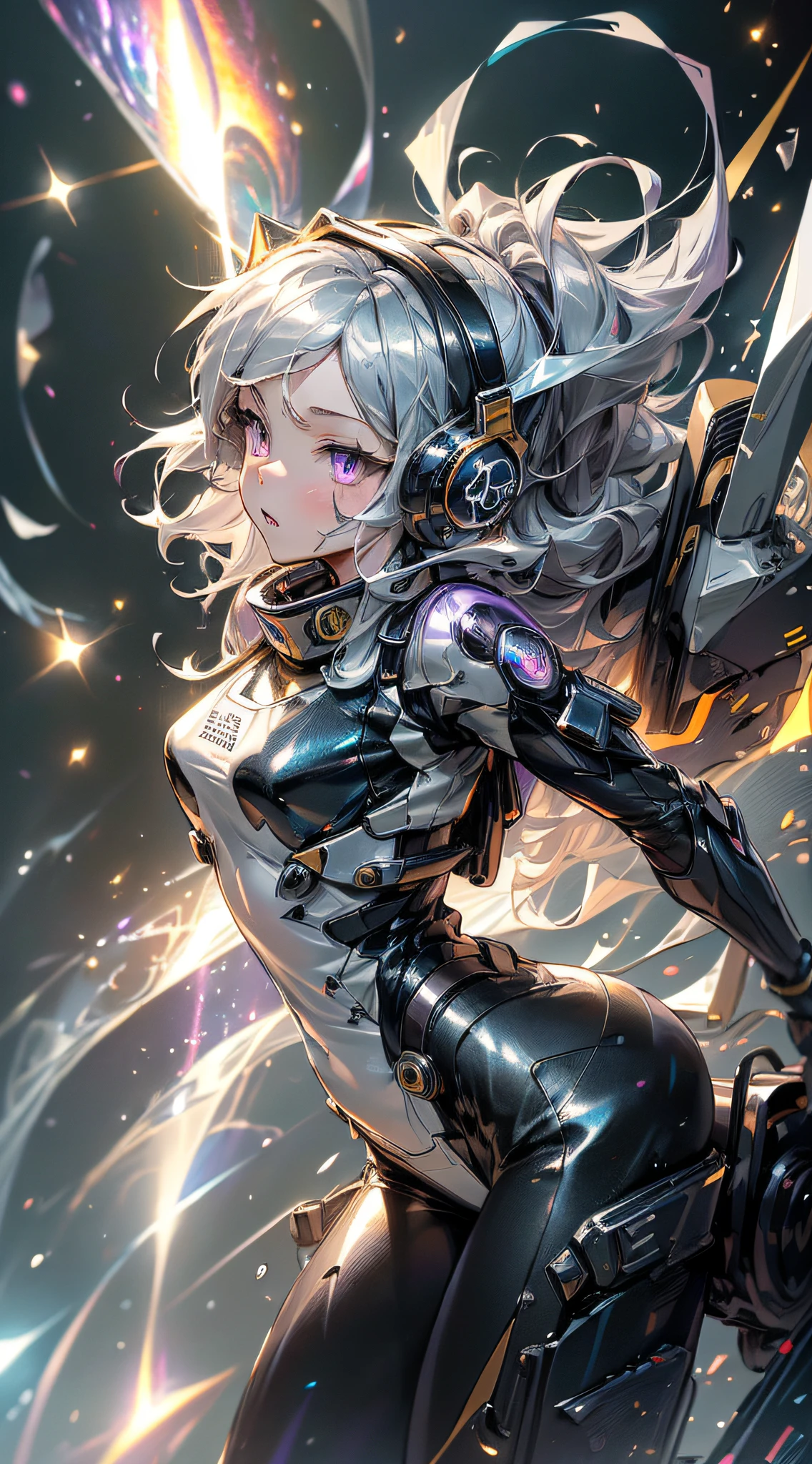 top-quality、Top image quality、masterpiece、girl with((black mecha suit、Shining gold mech suit、18year old、 Ager、cute little、Best Bust、big bast,Beautifully shining purple eyes open wide, Messy silver hair、Longhaire、A slender,big moves in volleyball,mechanic jet pack、headphone pose、running splatter、sucked into a black hole)),hiquality、Beautiful Art、Background with((Shining galaxy world Lucky hole)))、,masutepiece、depth of fields,Cinematic style