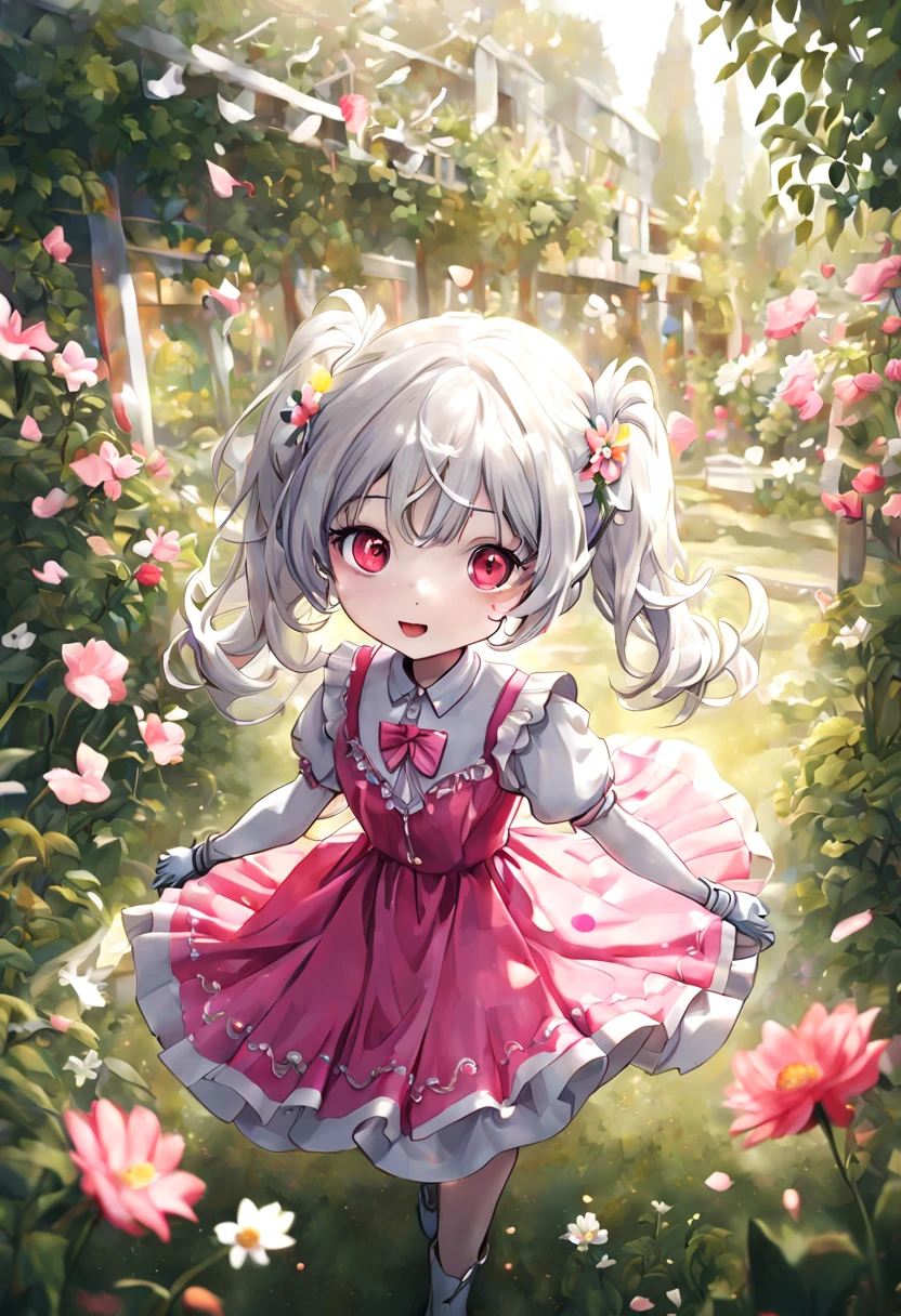 (masterpiece:1.5), (ultra-detailed:1.5), (super fine illustration:1.4), (best quality:1.5),(high resolution:1.5),(beautiful pretty cute face:1.3),(beautiful detailed eyes:1.2),(silver hair:1.6), (curly hair:1.4), (flipped hair:1.4), (short twintails:1.4),(red eyes:1.2),(tsurime:1.2),(pink dress:1.4), (white glove:1.3), looking at viewer,(small breasts:1.2),(1girl:1.2),(solo:1.3),(flower garden:1.4), happy smile,(red bow:1.2), (fluttering petals:1.2)