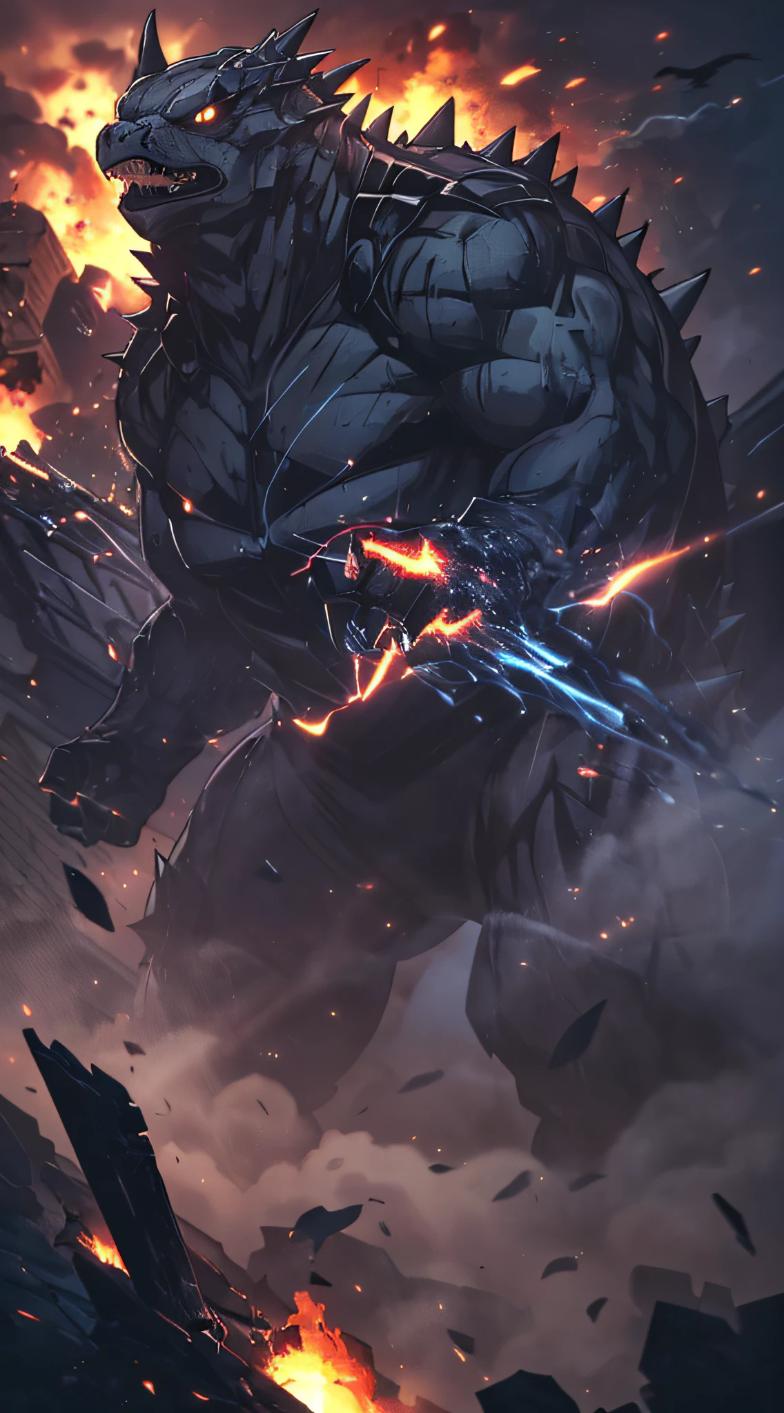 top-quality、Top image quality、​masterpiece、Kaiju((Black torso、red body line、prickly appearance、godzilla style、Spit fire through the mouth,rampage)),hiquality、Beautiful Art、Background with(( Burning City、collapsed building explosion explosion flight、Combat tank station parts、depth of fields,