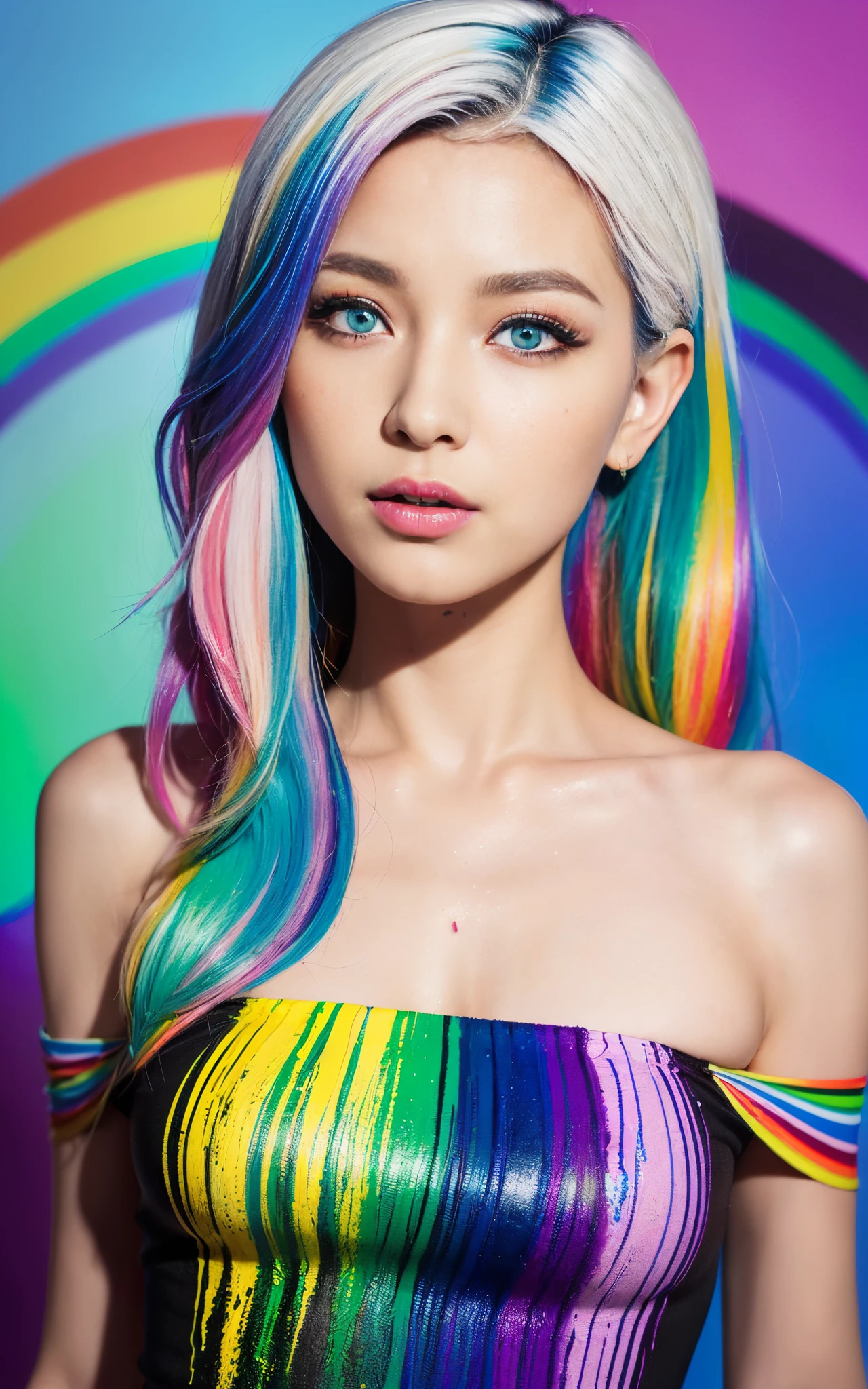 （Pink Fashion T-shirt：1.9），(Colorful hair: 1.8), (all the colours of the rainbow: 1.8),(((((vertical painting：1.6))), （painting：1.6），front, comics, illustrations, paintings, large eyes, crystal clear eyes,（ rainbow color gradient high ponytail：1.7）, exquisite makeup, closed mouth,(Small Fresh: 1.5),(Wipe Chest: 1.6) ，long eyelashes, white off shoulder T-shirt, White Shoulder Shirt，looking at the audience, large watery eyes, (rainbow colored hair：1.6), color splash, （solo：1.8）, color splash, color explosion, thick paint style, messy lines, ((shining))，(colorful), (colorful), (colorful), colorful, Thick Paint Style, (Splash) (Color Splash), Vertical Painting, Upper Body, Paint Splash, Acrylic Pigment, Gradient, Paint, Highest Image Quality, Highest Quality, Masterpiece, Solo, Depth of Field, Face Paint, colorful clothes, (Elegant: 1.2), gorgeous,long hair, wind, (Elegant: 1.3), (Petals: 1.4)，(((masterpiece))),(((best quality))),((ultra-detailed)),(illustration),(dynamic angle),((floating)),(paint),((disheveled hair)),(solo),(1girl) , (((detailed anima face))),((beautiful detailed face)),collar,bare shoulders,white hair, ((colorful hair)),((streaked hair)),beautiful detailed eyes,(Gradient color eyes),(((colorful eyes))),(((colorful background))),(((high saturation))),