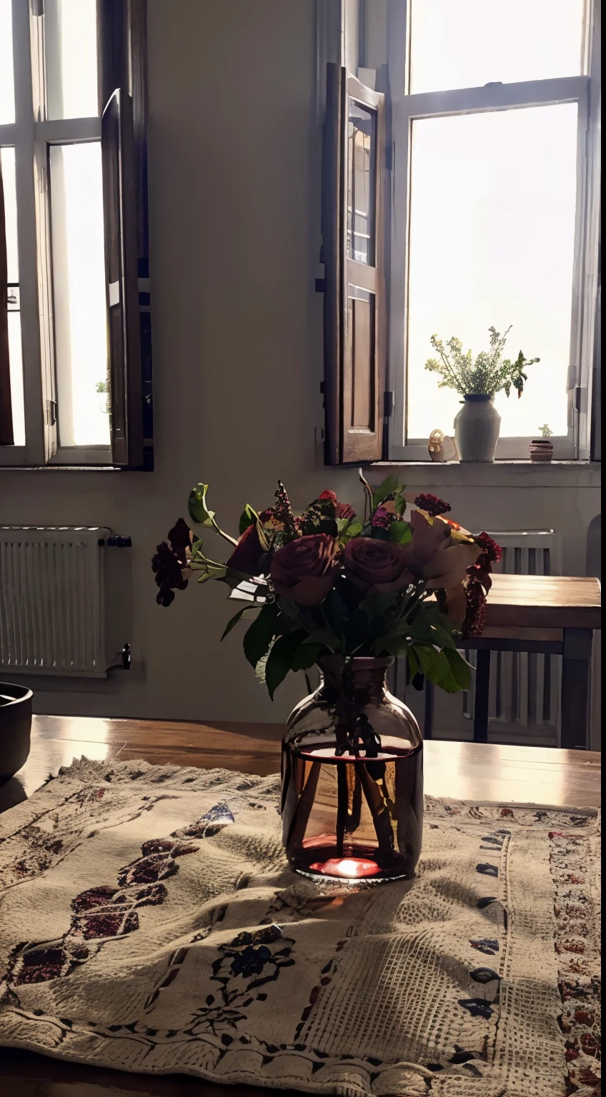 There was a bottle of red wine on the table、Biscuits and bread, wineglass,  Window lighting , Bright light, Background floral pattern curtains, Still life impasto painting , Bright background, Good sunshine