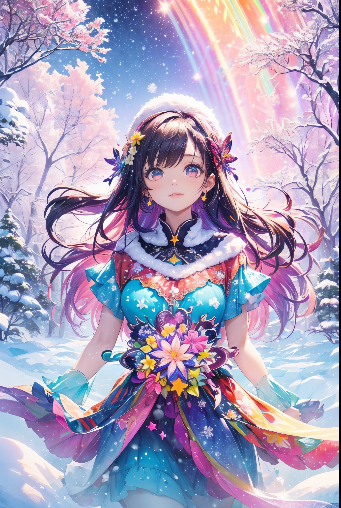 top-quality、masutepiece、1womanl、独奏、(abstract art:1.4),(Psychedelia Theme:1.6),(Gunjo World:1.5),(Snow World:1.5),(Winter World:1.5),(At the center of the world is the most beautiful woman in the world),(many stars are falling:1.3),A ray of light spreads,Crystals spreading from the center,prisma(Nostalgic landscapes:1.5),(colorful flower:1.3),Garden Girl,gentle sunlight,Soft breeze,Delicate flowers,A rainbow-colored butterfly flaps its wings,Mesmerizing natural beauty,Fragments of Shining Stars, krystal,