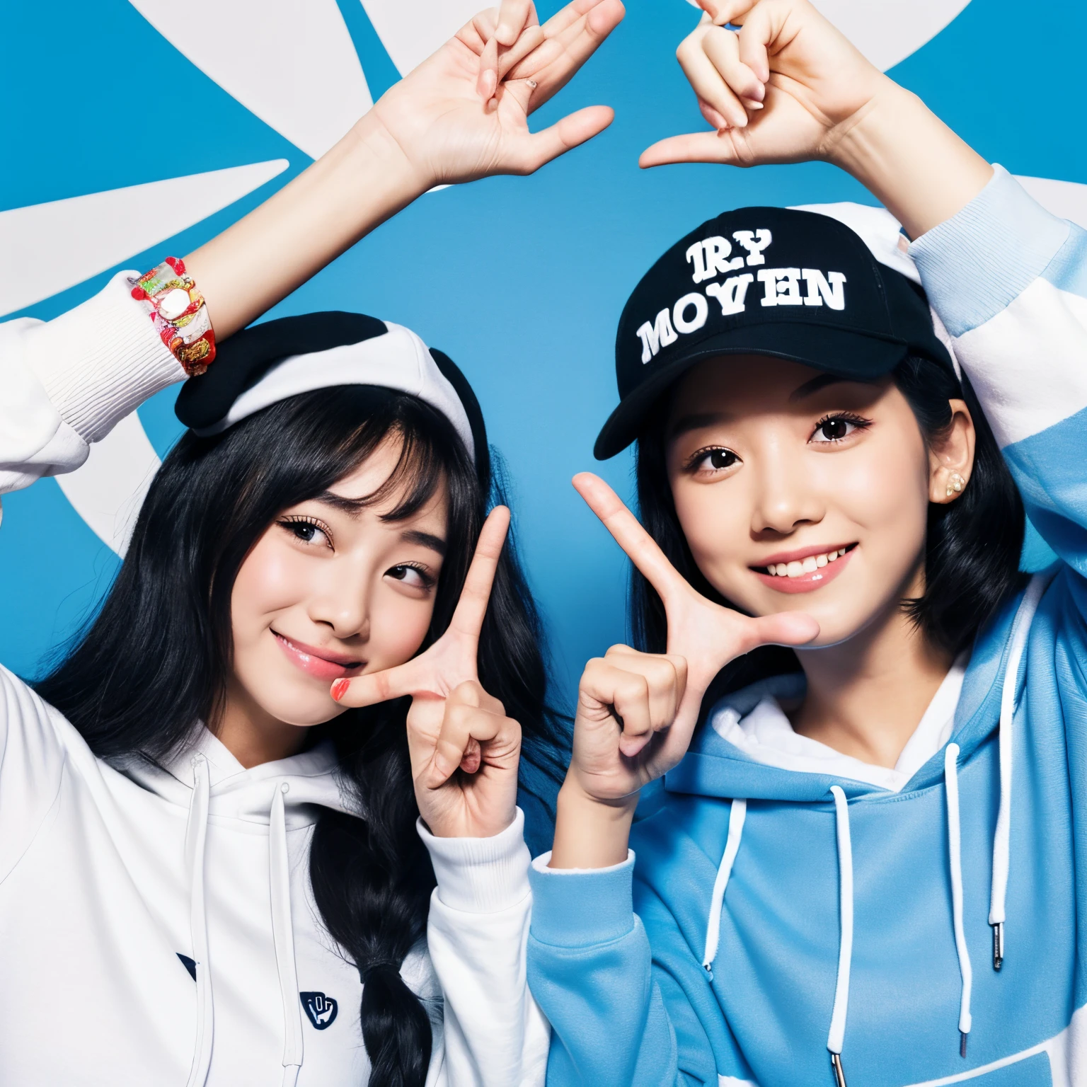 disney pixar poster。photo of two girls。white backgrounid。The first girl has long black hair, is wearing a black cap, is wearing a light blue and white striped shirt, and a white camisole, and is doing a peace pose.。The second girl has black hair with a bob, a black cap, a white hoodie, and is doing a peace pose.。