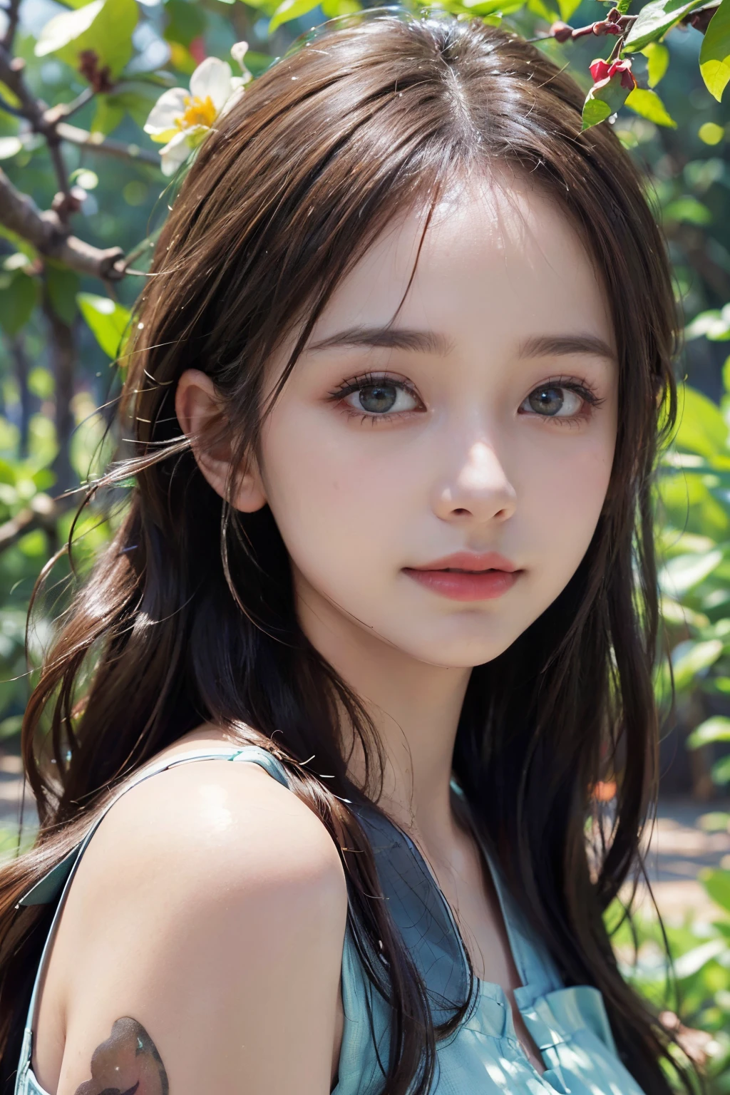 (best quality,4k,8k,highres,masterpiece:1.2),ultra-detailed,(realistic,photorealistic,photo-realistic:1.37),close-up,girl's face,nature background,lush greenery,sunlit,soft lighting,vibrant colors,dewy petals,butterflies,beautiful detailed eyes,beautiful hair flowing in the breeze,peaceful expression,gentle smile