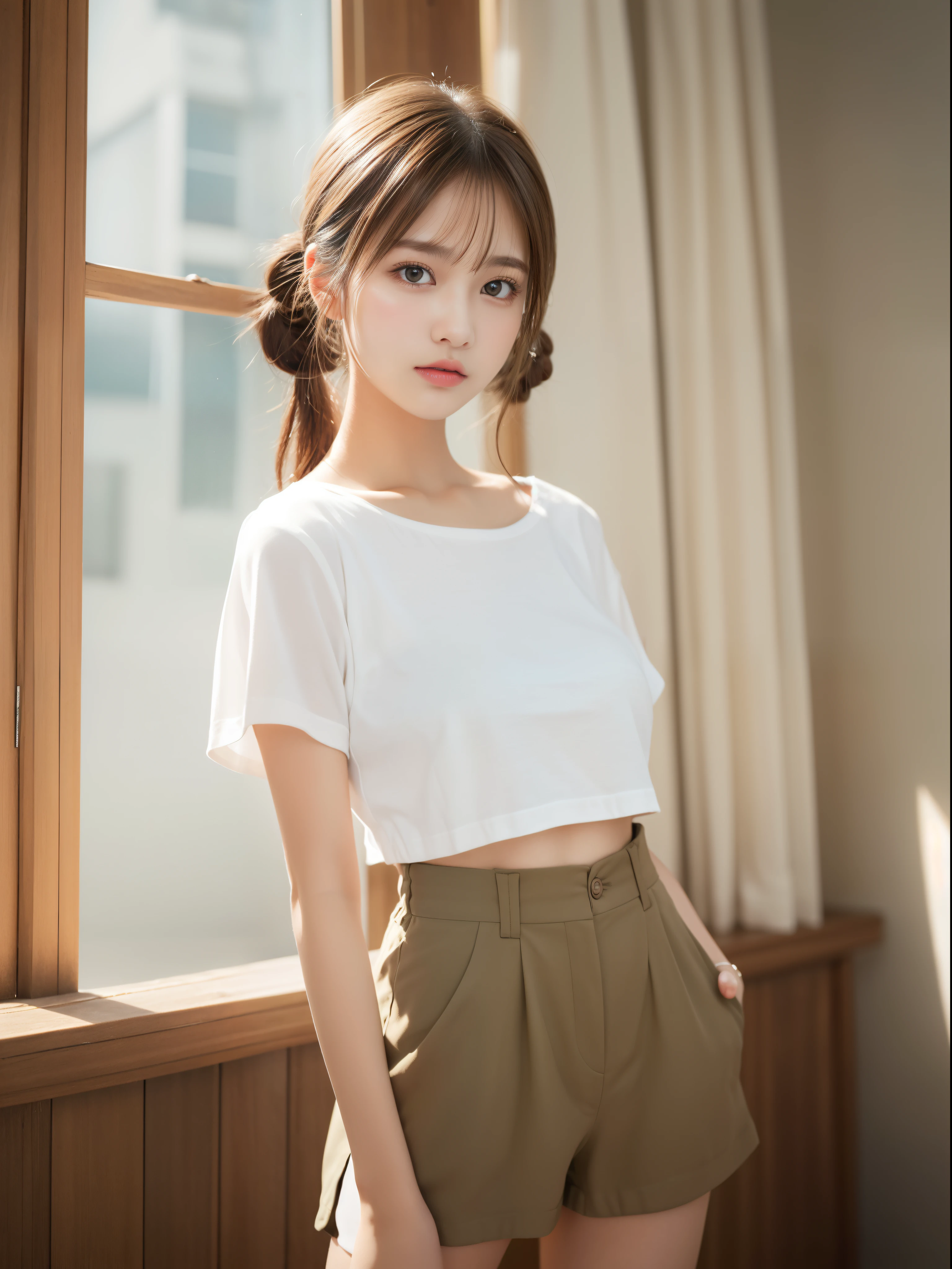 (​masterpiece:1.5)、(8K)、(Photorealsitic:1.5)、Raw photography、(Top image quality:1.4)、(foco nítido:1.5)、 (PurerosFace_v1:0.5)、
top-quality、​masterpiece、超A high resolution、Soft lighting、
23 years old、slender、prety woman:1.4、serious facial expression、
In the living room where the morning sun shines、  Standing、
wearing tubetop and shorts、
light brown hair、poneyTail、Glowing hair、
Super Detail Face、A detailed eye、二重まぶた、
Natural Color Lip、Transparent skin、