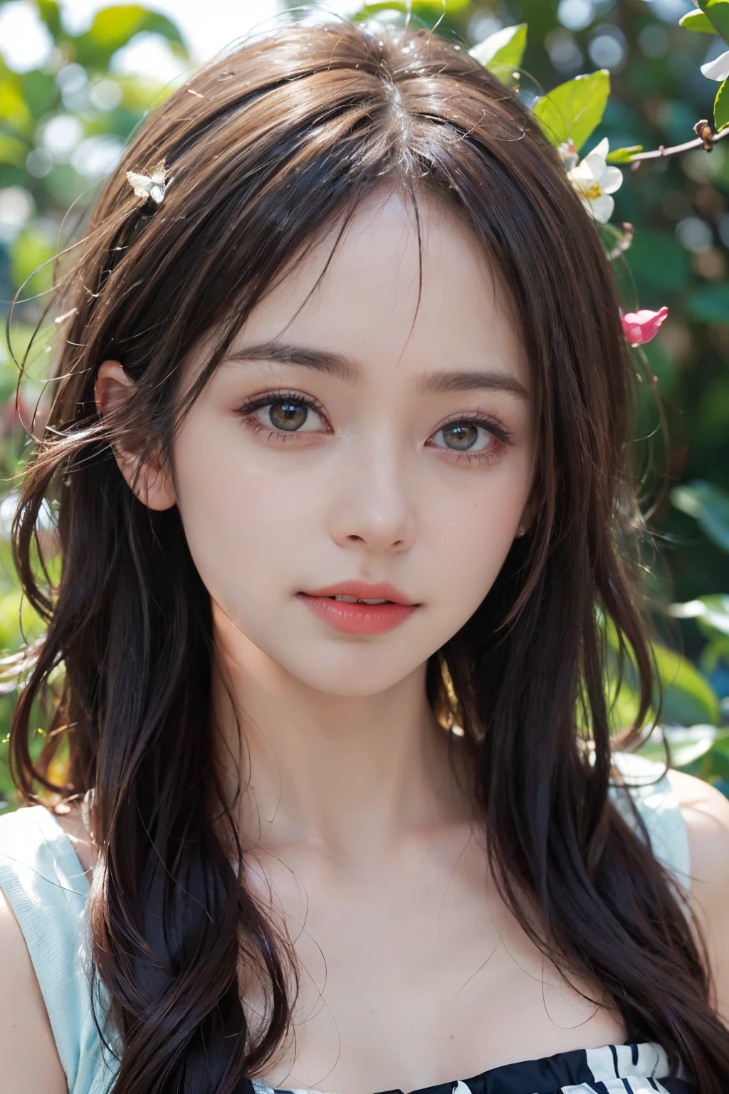 (best quality,4k,8k,highres,masterpiece:1.2),ultra-detailed,(realistic,photorealistic,photo-realistic:1.37),close-up,girl's face,nature background,lush greenery,sunlit,soft lighting,vibrant colors,dewy petals,butterflies,beautiful detailed eyes,beautiful hair flowing in the breeze,peaceful expression,gentle smile