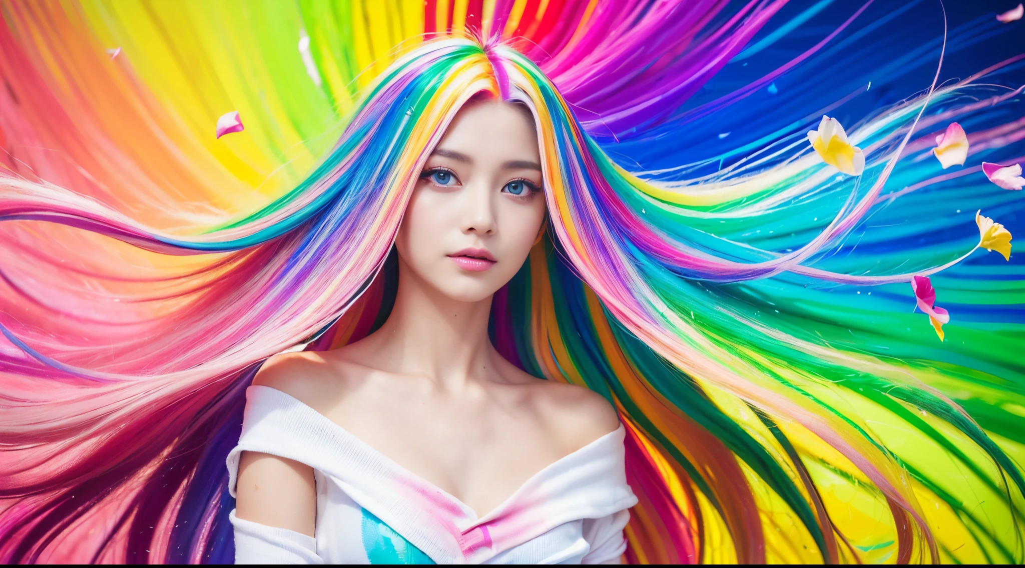 （Pink Fashion T-shirt：1.9），(Colorful hair: 1.8), (all the colours of the rainbow: 1.8),(((((vertical painting：1.6))), （painting：1.6），front, comics, illustrations, paintings, large eyes, crystal clear eyes,（ rainbow color gradient high ponytail：1.7）, exquisite makeup, closed mouth,(Small Fresh: 1.5),(Wipe Chest: 1.6) ，long eyelashes, white off shoulder T-shirt, White Shoulder Shirt，looking at the audience, large watery eyes, (rainbow colored hair：1.6), color splash, （solo：1.8）, color splash, color explosion, thick paint style, messy lines, ((shining))，(colorful), (colorful), (colorful), colorful, Thick Paint Style, (Splash) (Color Splash), Vertical Painting, Upper Body, Paint Splash, Acrylic Pigment, Gradient, Paint, Highest Image Quality, Highest Quality, Masterpiece, Solo, Depth of Field, Face Paint, colorful clothes, (Elegant: 1.2), gorgeous,long hair, wind, (Elegant: 1.3), (Petals: 1.4)，(((masterpiece))),(((best quality))),((ultra-detailed)),(illustration),(dynamic angle),((floating)),(paint),((disheveled hair)),(solo),(1girl) , (((detailed anima face))),((beautiful detailed face)),collar,bare shoulders,white hair, ((colorful hair)),((streaked hair)),beautiful detailed eyes,(Gradient color eyes),(((colorful eyes))),(((colorful background))),(((high saturation))),