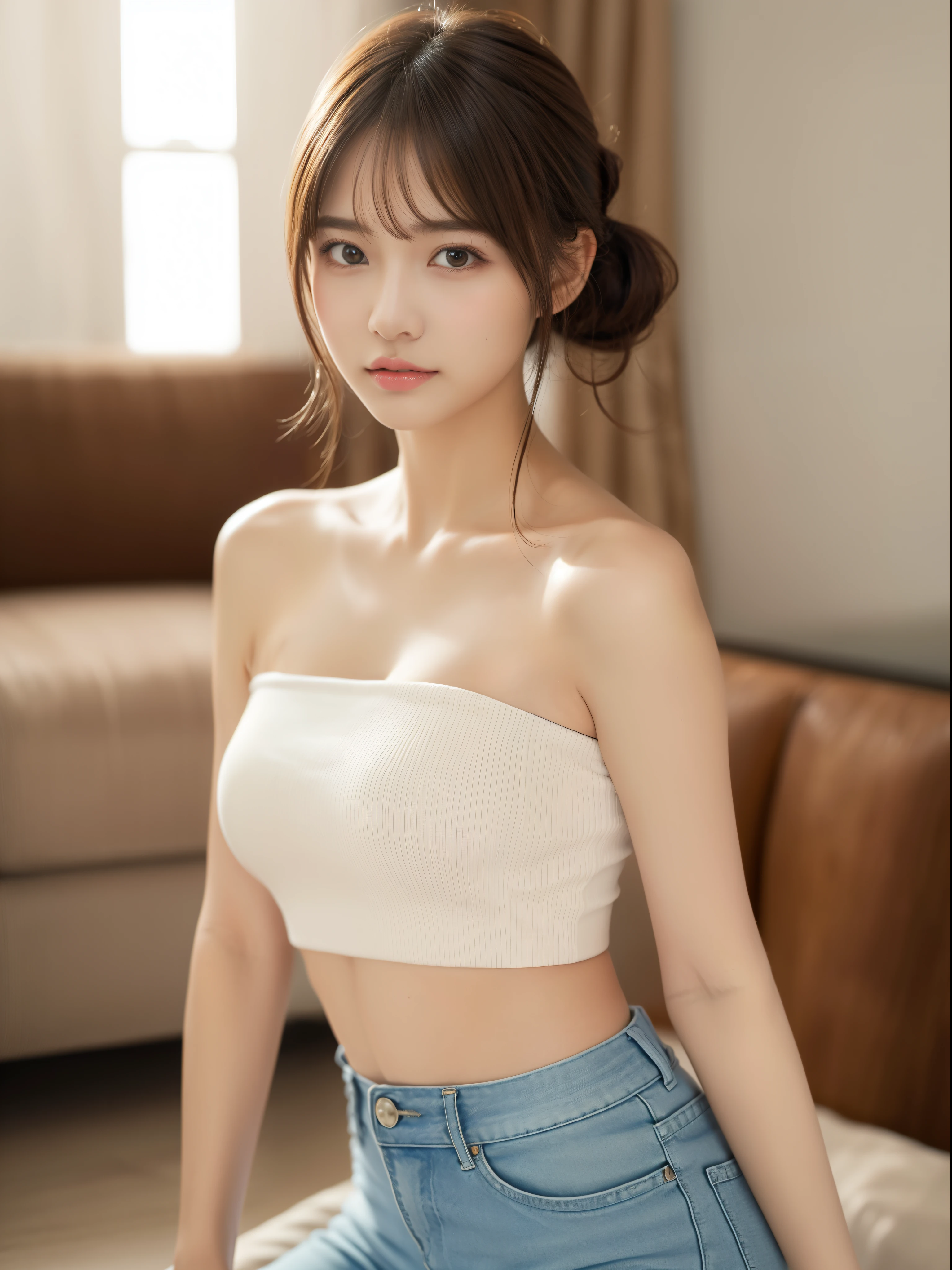 (masterpiece:1.5)、(8K)、(Photorealsitic:1.5)、Raw photography、(Top image quality:1.4)、(foco nítido:1.5)、 (PurerosFace_v1:0.5)、
top-quality、masterpiece、超A high resolution、Soft lighting、
23 years old、slender、prety woman:1.4、serious facial expression、
In the living room where the morning sun shines、 Standing、
Please wear tube top and hot pants、
light brown hair、poneyTail、Glowing hair、
Super Detail Face、A detailed eye、二重まぶた、
Natural Color Lip、Transparent skin、