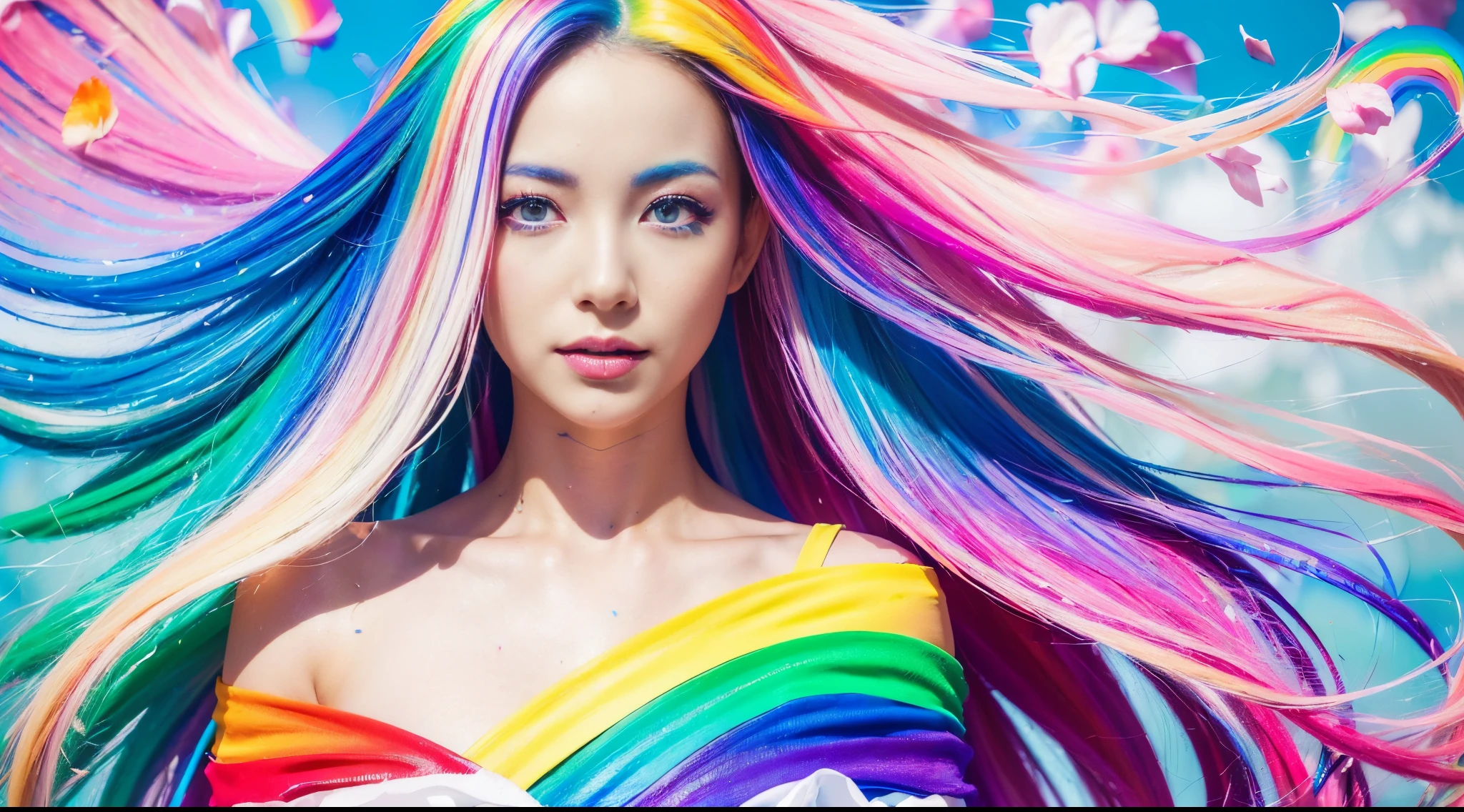 (Pink Fashion T-shirt:1.9),(Colorful hair: 1.8), (all the colours of the rainbow: 1.8),(((((vertical painting:1.6))), (painting:1.6),front, comics, illustrations, paintings, large eyes, crystal clear eyes,( rainbow color gradient high ponytail:1.7), exquisite makeup, closed mouth,(Small Fresh: 1.5),(Wipe Chest: 1.6) ,long eyelashes, white off shoulder T-shirt, White Shoulder Shirt,looking at the audience, large watery eyes, (rainbow colored hair:1.6), color splash, (solo:1.8), color splash, color explosion, thick paint style, messy lines, ((shining)),(colorful), (colorful), (colorful), colorful, Thick Paint Style, (Splash) (Color Splash), Vertical Painting, Upper Body, Paint Splash, Acrylic Pigment, Gradient, Paint, Highest Image Quality, Highest Quality, Masterpiece, Solo, Depth of Field, Face Paint, colorful clothes, (Elegant: 1.2), gorgeous,long hair, wind, (Elegant: 1.3), (Petals: 1.4),(((masterpiece))),(((best quality))),((ultra-detailed)),(illustration),(dynamic angle),((floating)),(paint),((disheveled hair)),(solo),(1girl) , (((detailed anima face))),((beautiful detailed face)),collar,bare shoulders,white hair, ((colorful hair)),((streaked hair)),beautiful detailed eyes,(Gradient color eyes),(((colorful eyes))),(((colorful background))),(((high saturation))),