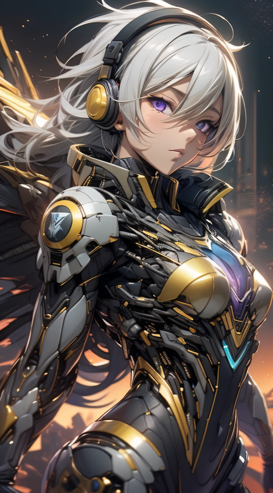top-quality、Top image quality、masterpiece、girl with((black mecha suit、Shining gold mech suit、18year old、 Ager、cute little、Best Bust、big bast,Beautifully shining purple eyes open wide, Messy silver hair、Longhaire、A slender,big moves in volleyball,mechanic jet pack、headphone pose、running splatter、sucked into a black hole)),hiquality、Beautiful Art、Background with((Shining galaxy world lucky hole)))、,masutepiece、depth of fields,Cinematic style