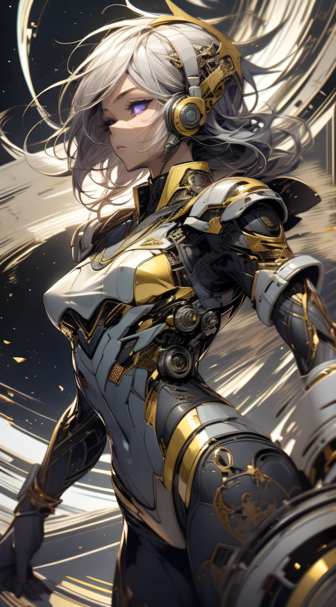 top-quality、Top image quality、masterpiece、girl with((black mecha suit、Shining gold mech suit、18year old、 Ager、cute little、Best Bust、big bast,Beautifully shining purple eyes open wide, Messy silver hair、Longhaire、A slender,big moves in volleyball,mechanic jet pack、headphone pose、running splatter、sucked into a black hole)),hiquality、Beautiful Art、Background with((Shining galaxy world lucky hole)))、,masutepiece、depth of fields,Cinematic style
