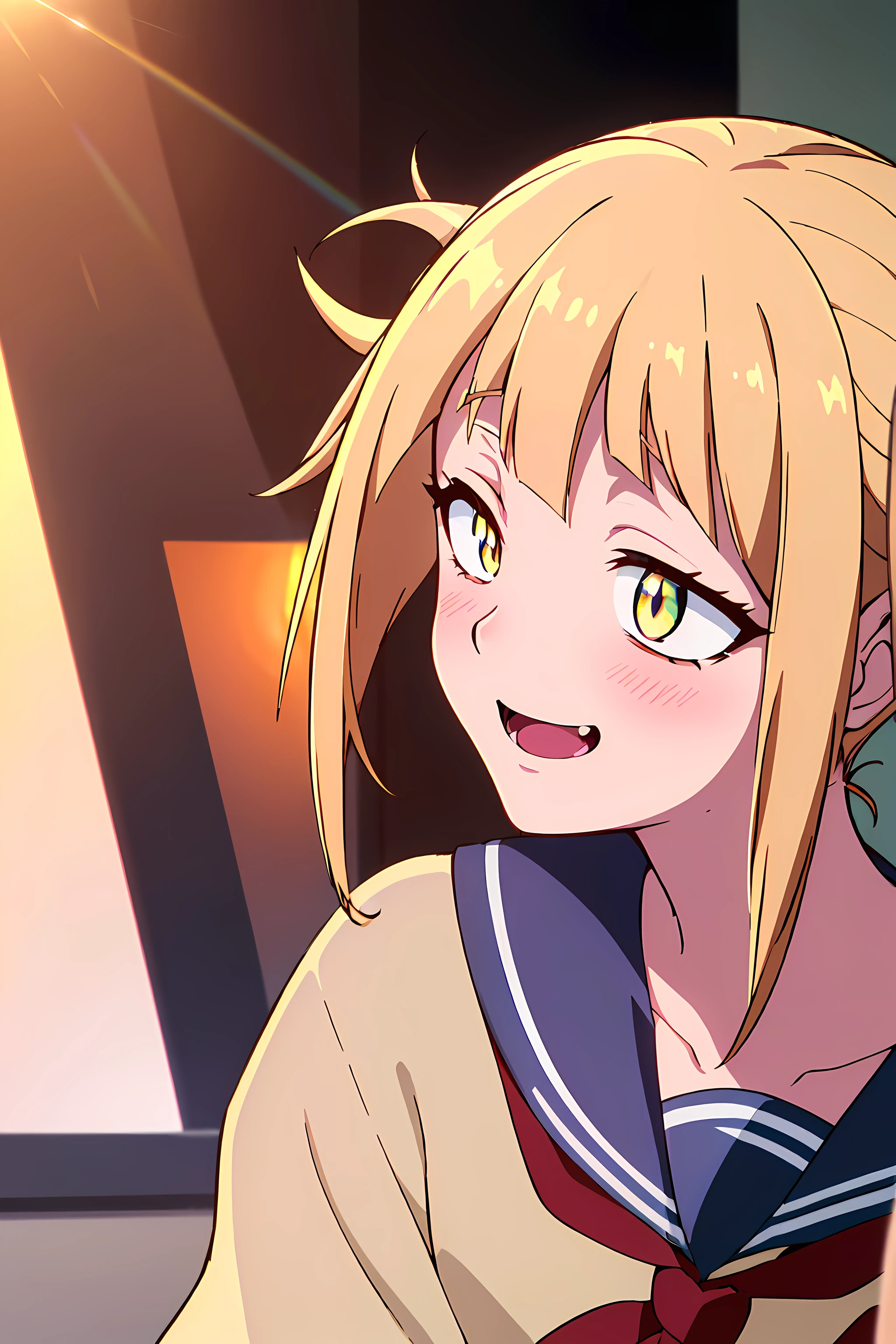 (top-quality,masterpiece,Anatomically correct,Full limbs,complete fingers,Precise fingertip detail,8K),(9 0 s anime style,cel shaded anime),Photorealista,(1人の女性:1.5), (Himiko Toga:1.52),aqua eyes, bags under eyes, blush, Open mouth, 牙, (Short stature:1.12), (Cardigan:1.2), blue sailor collar, Long sleeves, school classrooms, Official Character Art, official artwork, (radiant eyes),ultradetailed eyes, ultradetailed eyes, Shine created by concentrating the eyes,Sky Blue Lens Flare:1.7),(Luminous Eyes:1.17),(Raging Eyes:1.48),(joyous expression:1.25), Color Theme Red,octane renderings, nffsw,Rainbow Paint Drop,Paint Teardrop, Woman made up of paint, entirely paint, (Cinematic background),Splat, Splash, Indoors,Dark and blurry background,floating in sky,a closeup,dynamic ungle,the setting sun,Park at night, (The best lighting,extremely delicate and beautiful),beautiful detailed brilliance, (softlight:1.2),(Soft lighting in gold tones),,Warm and soft lighting,Dramatic light,((ciinematic light)), (Cinematic Masterpiece),(Cinematic headlight),Ambient Occlusion,ambient lights,intensely,Powerful,splashes of colour absolutely eye-catching,((coustics)),ray trace reflection,with light glowing,Happiness