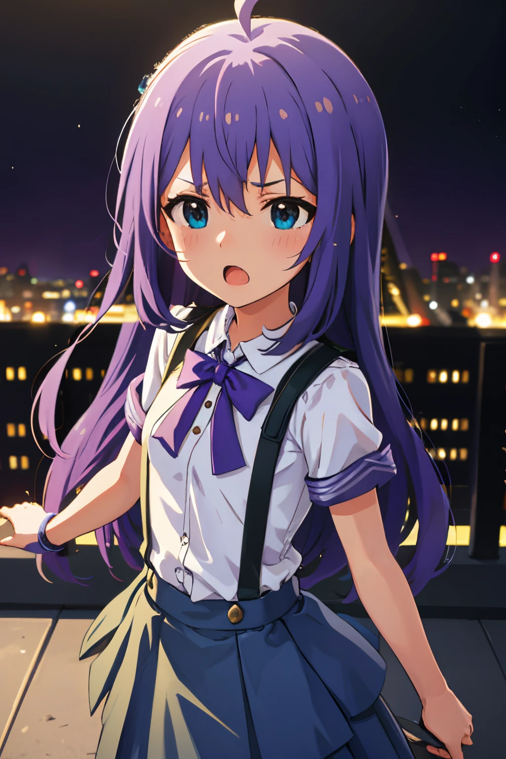 {{{{{mochizuki anna}}}}},1girl,solo,long hair,purple hair,small_ahoge,blue eyes.short stature.white t-shirts.suspenders.skirt.(((masterpiece))).(((best quality))).((ultra-detailed))).(((illustration))).night view.small Breasts.fighting stance.Sad face.open mouth