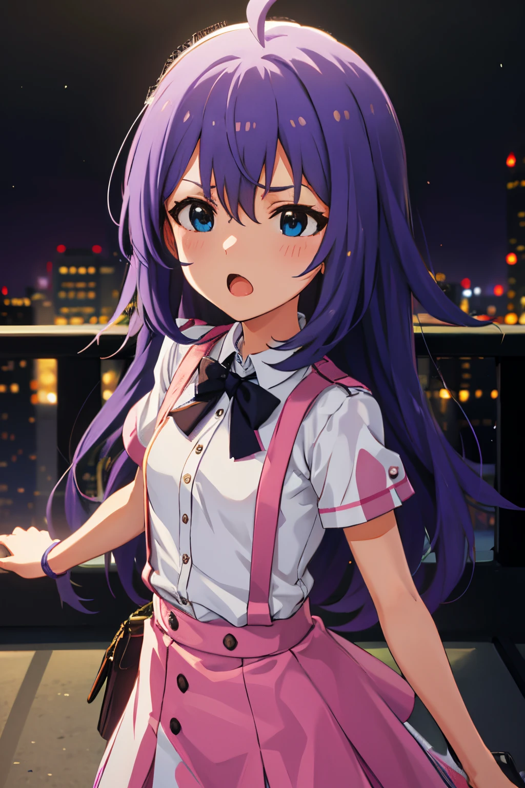 {{{{{mochizuki anna}}}}},1girl,solo,long hair,purple hair,small_ahoge,blue eyes.short stature.white t-shirts.suspenders.skirt.(((masterpiece))).(((best quality))).((ultra-detailed))).(((illustration))).night view.small Breasts.fighting stance.Sad face.open mouth