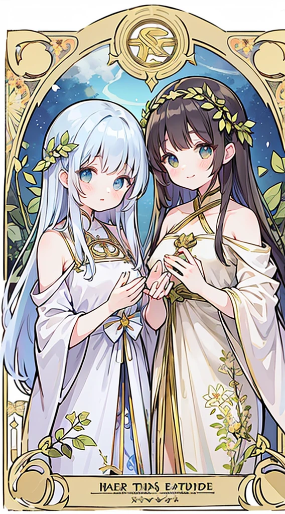 absurdres, best quality, fine detailed, 8k, tarot card style frame, Alphonse Mucha, art nouveau, art deco, 2girl, asymmetrical twin girls, asymmetrical composition, ancient Greek dress, chiton, flowers in hair, messy hair, garden, olive leaves, petals, vines, Beautifully detailed eyes, beautiful shiny detailed hair, warm light, upper body